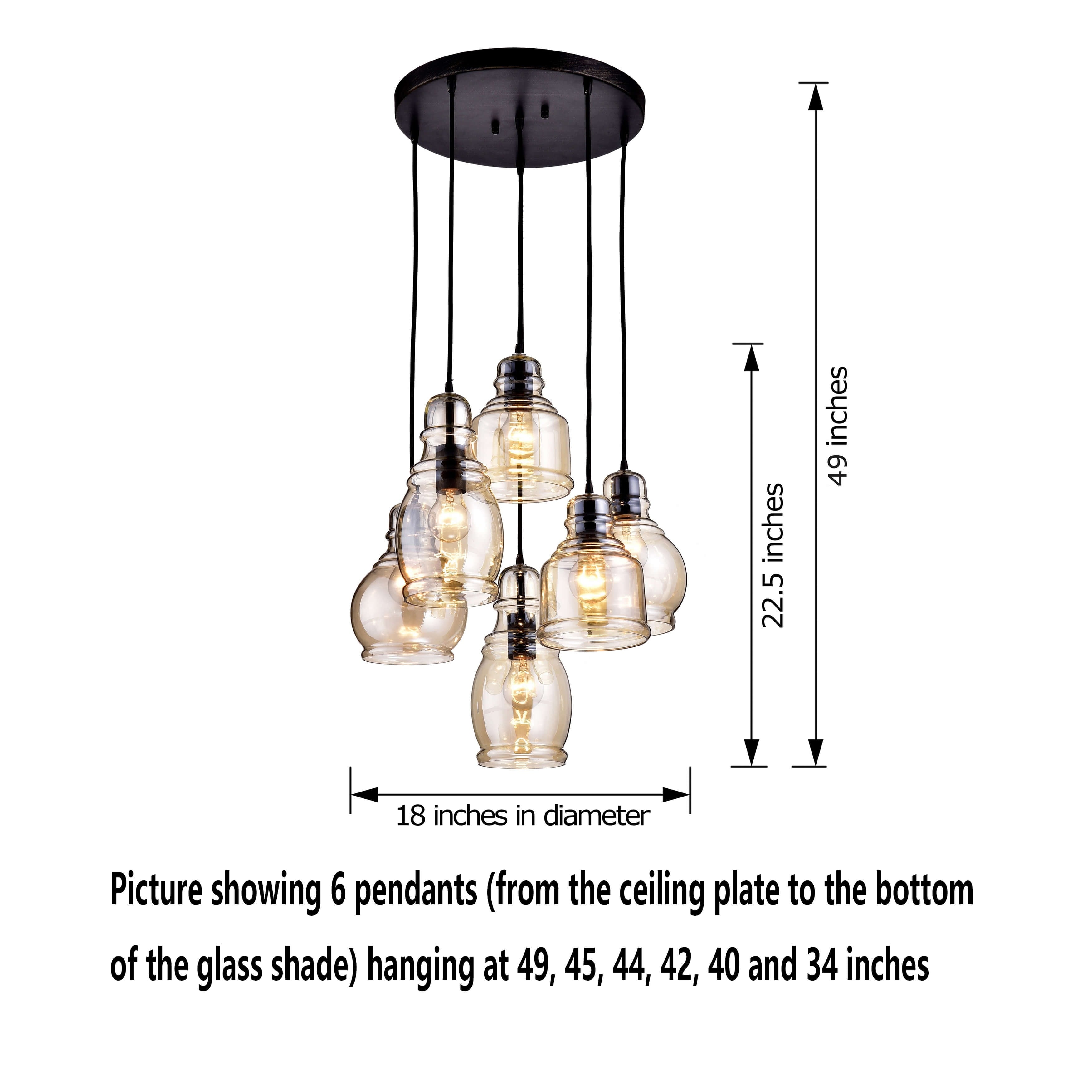 Suspension Mariana à 6 lumières en verre cognac noir antique et base ronde