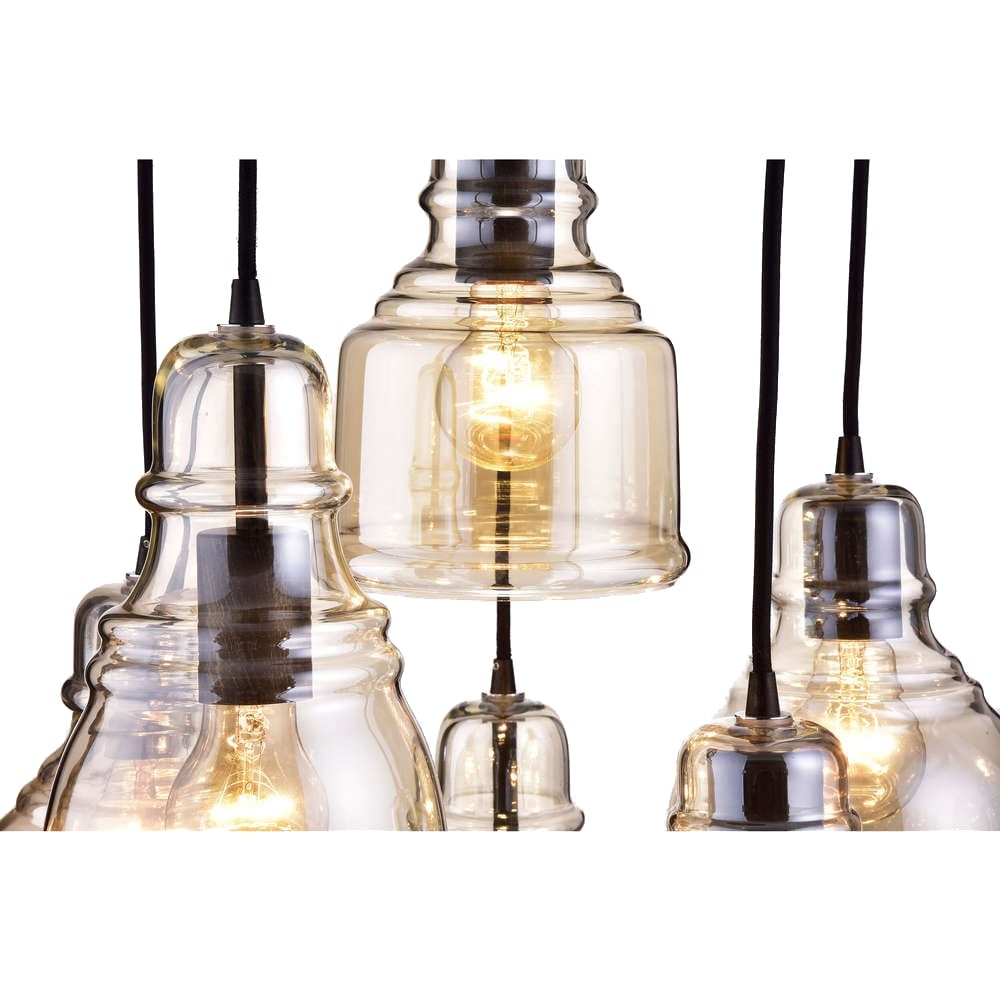Suspension Mariana à 6 lumières en verre cognac noir antique et base ronde