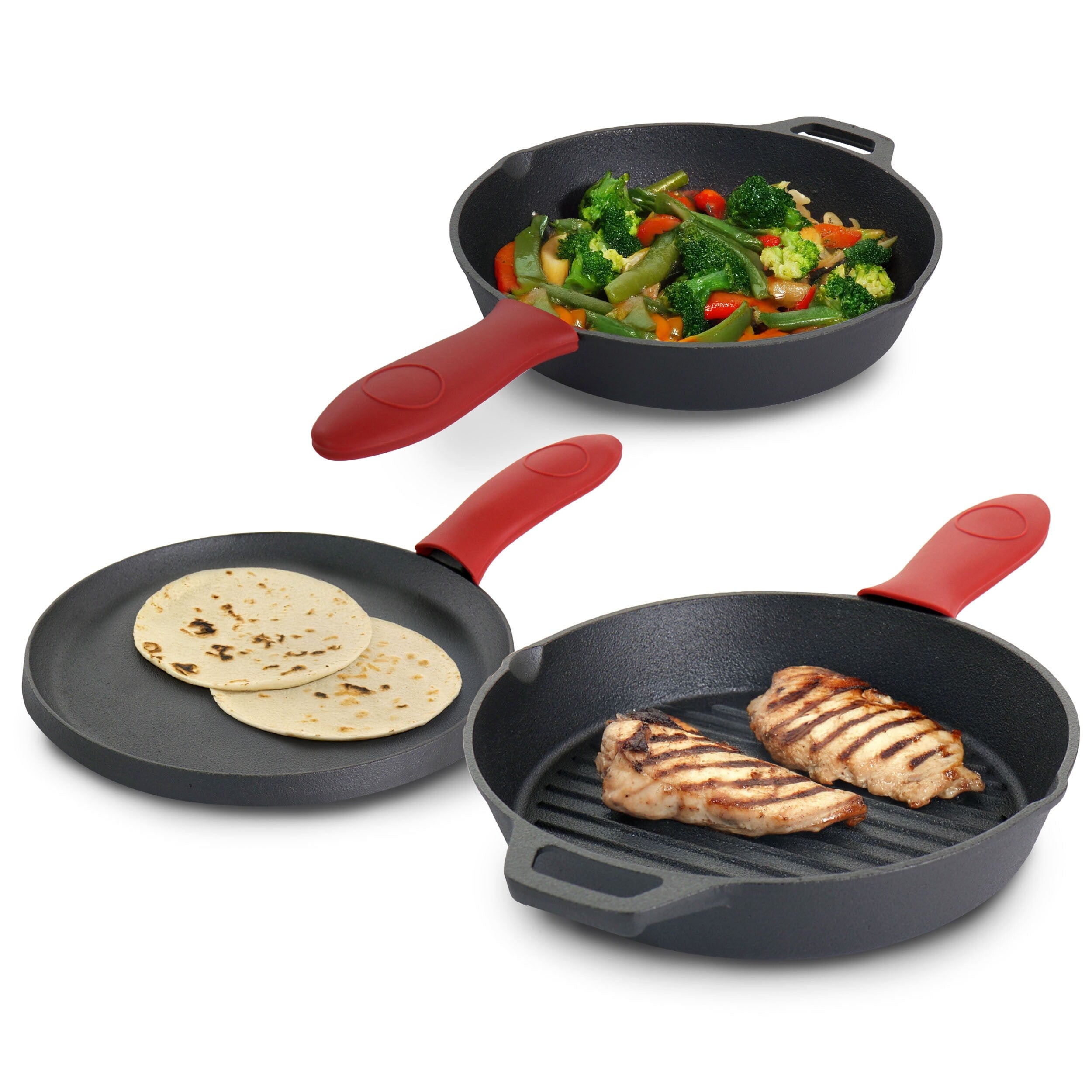 Ensemble de 6 poêles en fonte pré-assaisonnées MegaChef avec supports en silicone rouge