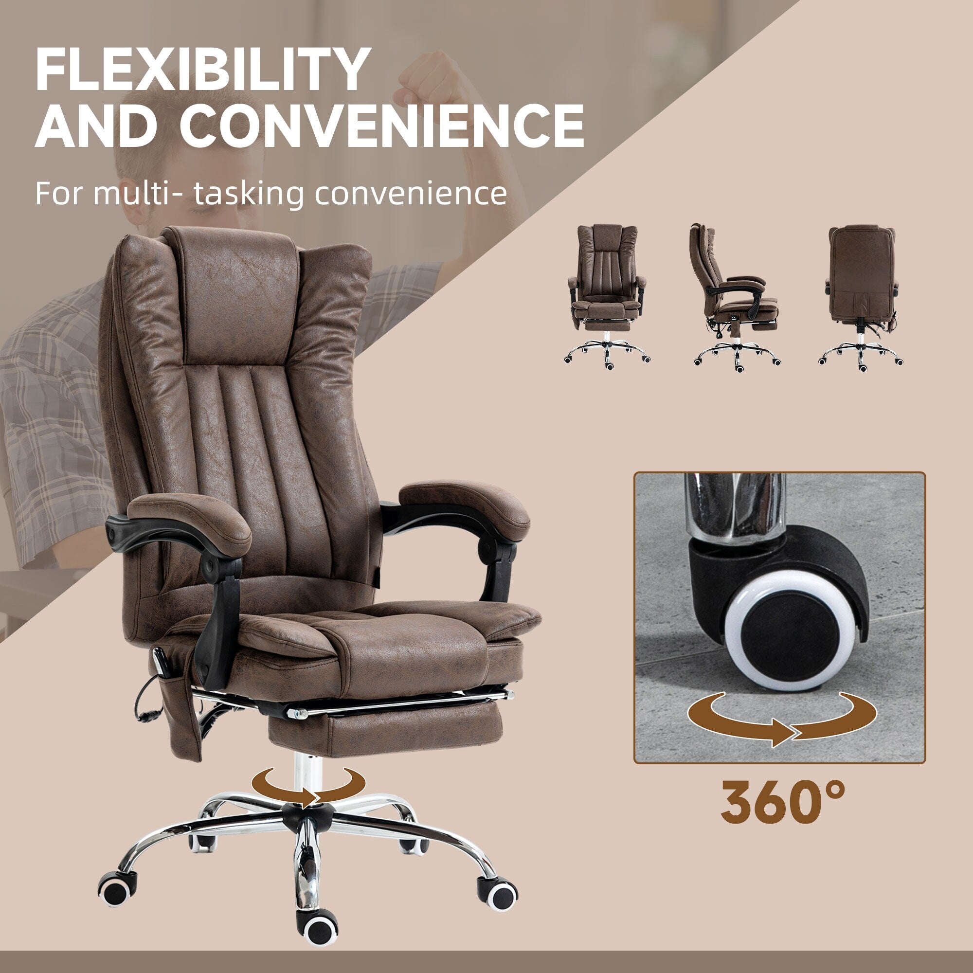 Fauteuil de bureau ergonomique de massage en microfibre, dossier haut, inclinable, chauffant, repose-pieds et télécommande