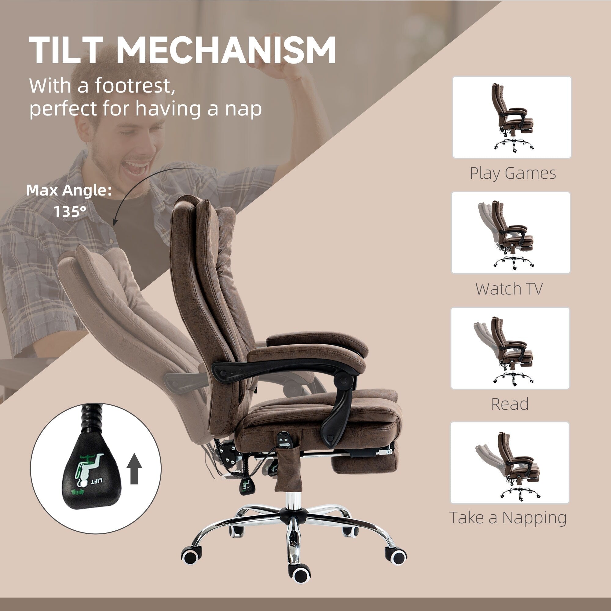 Fauteuil de bureau ergonomique de massage en microfibre, dossier haut, inclinable, chauffant, repose-pieds et télécommande
