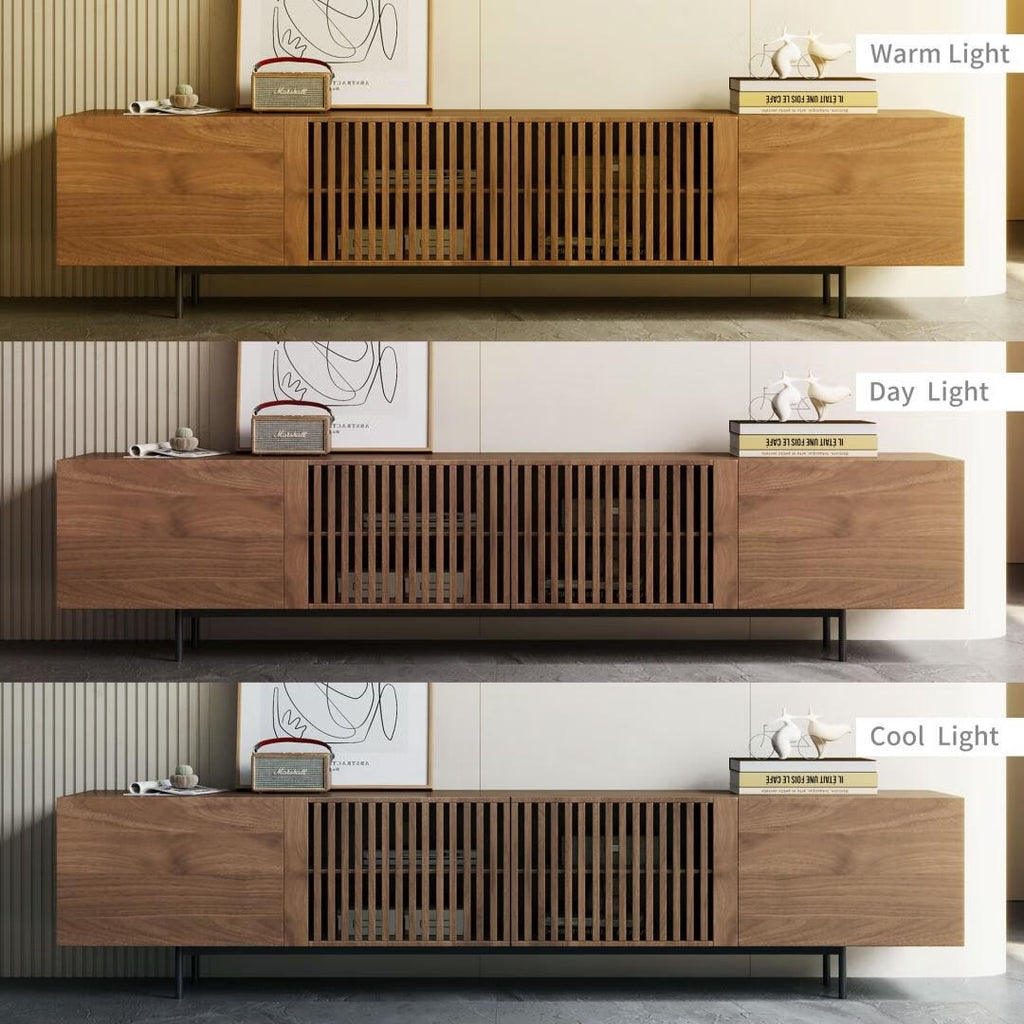 Meuble TV moderne du milieu du siècle avec 4 portes et rangements, compatible avec les téléviseurs jusqu'à 100 pouces, idéal pour le salon