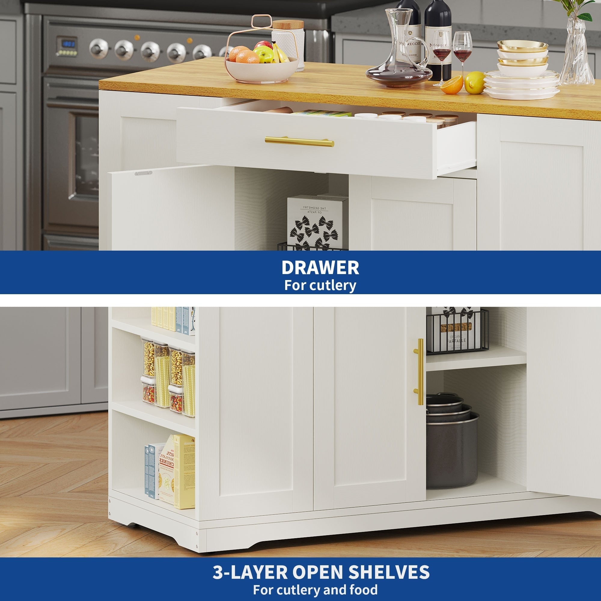 Meuble de rangement pour îlot de cuisine roulant Moasis de 53 pouces, chariot de cuisine mobile portable