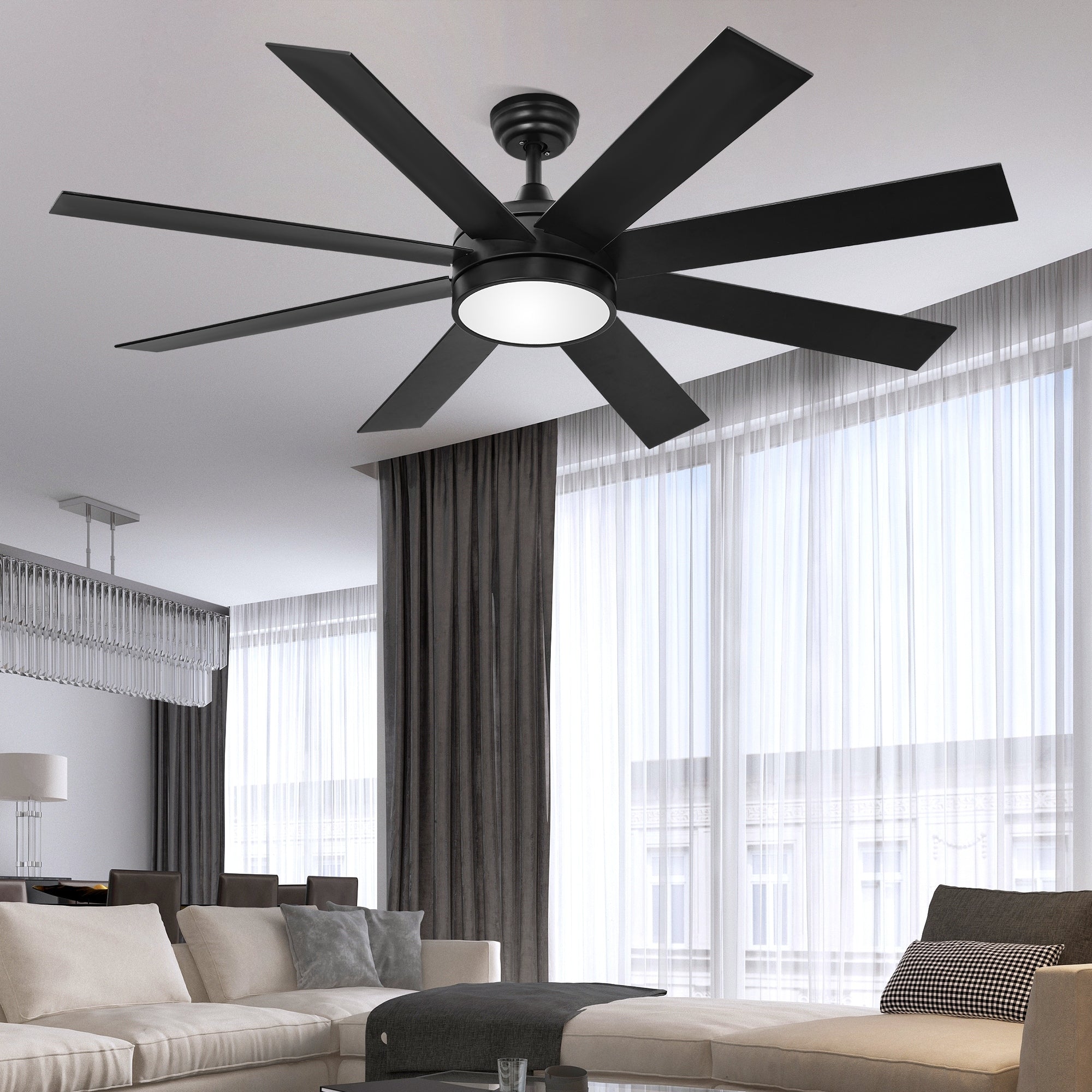 Ventilateur de plafond Moasis noir mat de 60 po à 8 pales avec éclairage LED et télécommande - 60