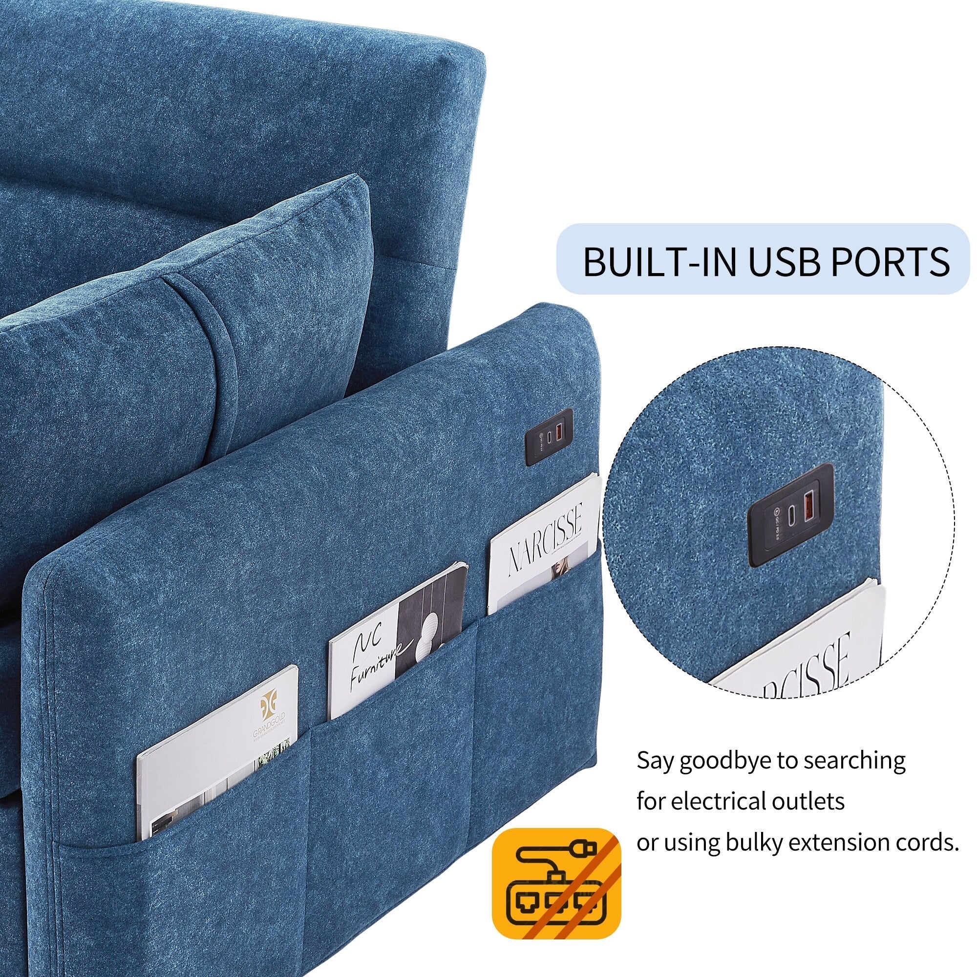Canapé-lit 2 places moderne en microfibre avec dossier réglable, poches de rangement, 2 oreillers moelleux et ports USB.