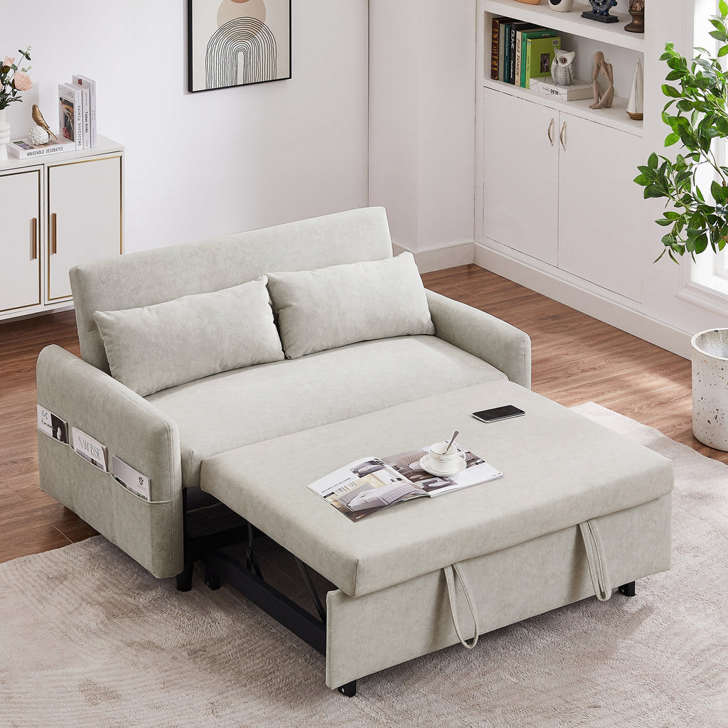 Canapé-lit 2 places moderne en microfibre avec dossier réglable, poches de rangement, 2 oreillers moelleux et ports USB.
