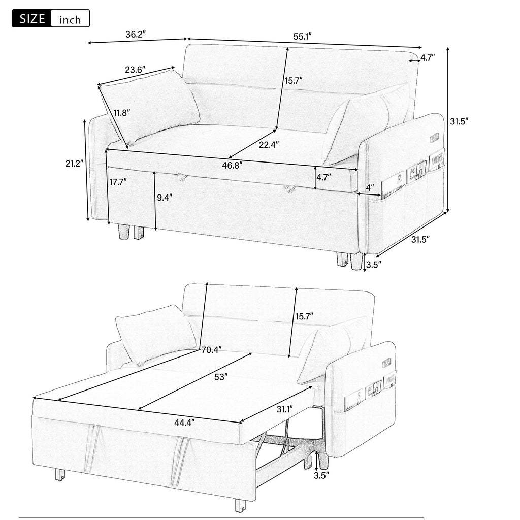 Canapé-lit 2 places moderne en microfibre avec dossier réglable, poches de rangement, 2 oreillers moelleux et ports USB.