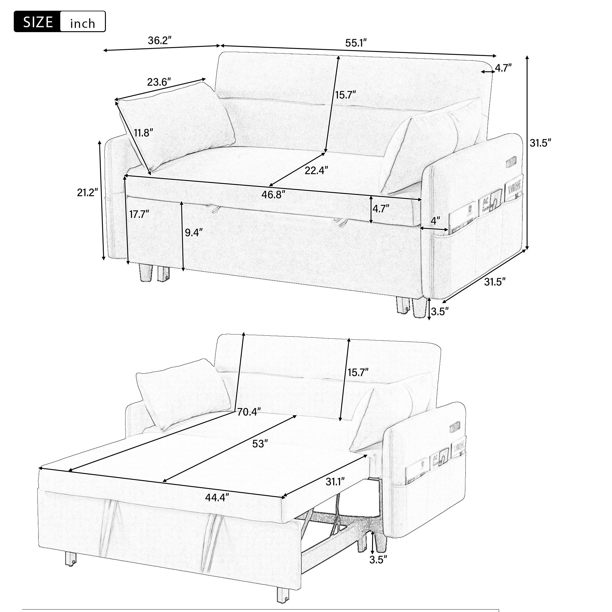 Canapé-lit 2 places moderne en microfibre avec dossier réglable, poches de rangement, 2 oreillers moelleux et ports USB.