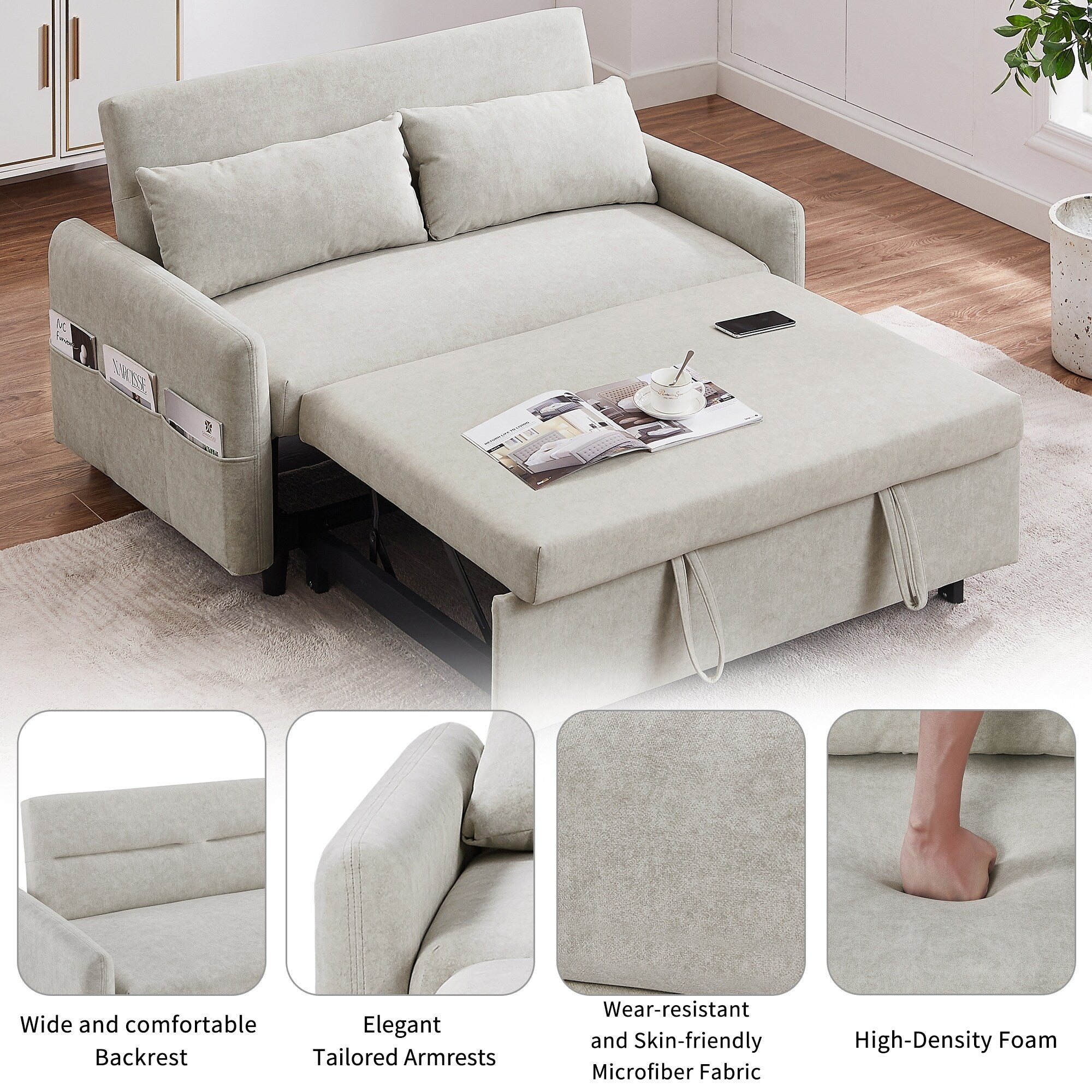 Canapé-lit 2 places moderne en microfibre avec dossier réglable, poches de rangement, 2 oreillers moelleux et ports USB.