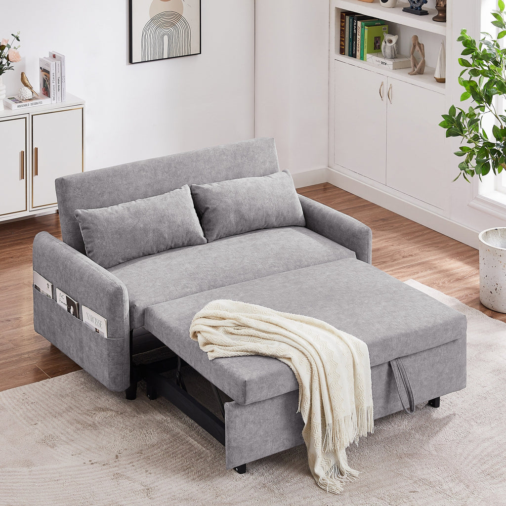 Canapé-lit 2 places moderne en microfibre avec dossier réglable, poches de rangement, 2 oreillers moelleux et ports USB.