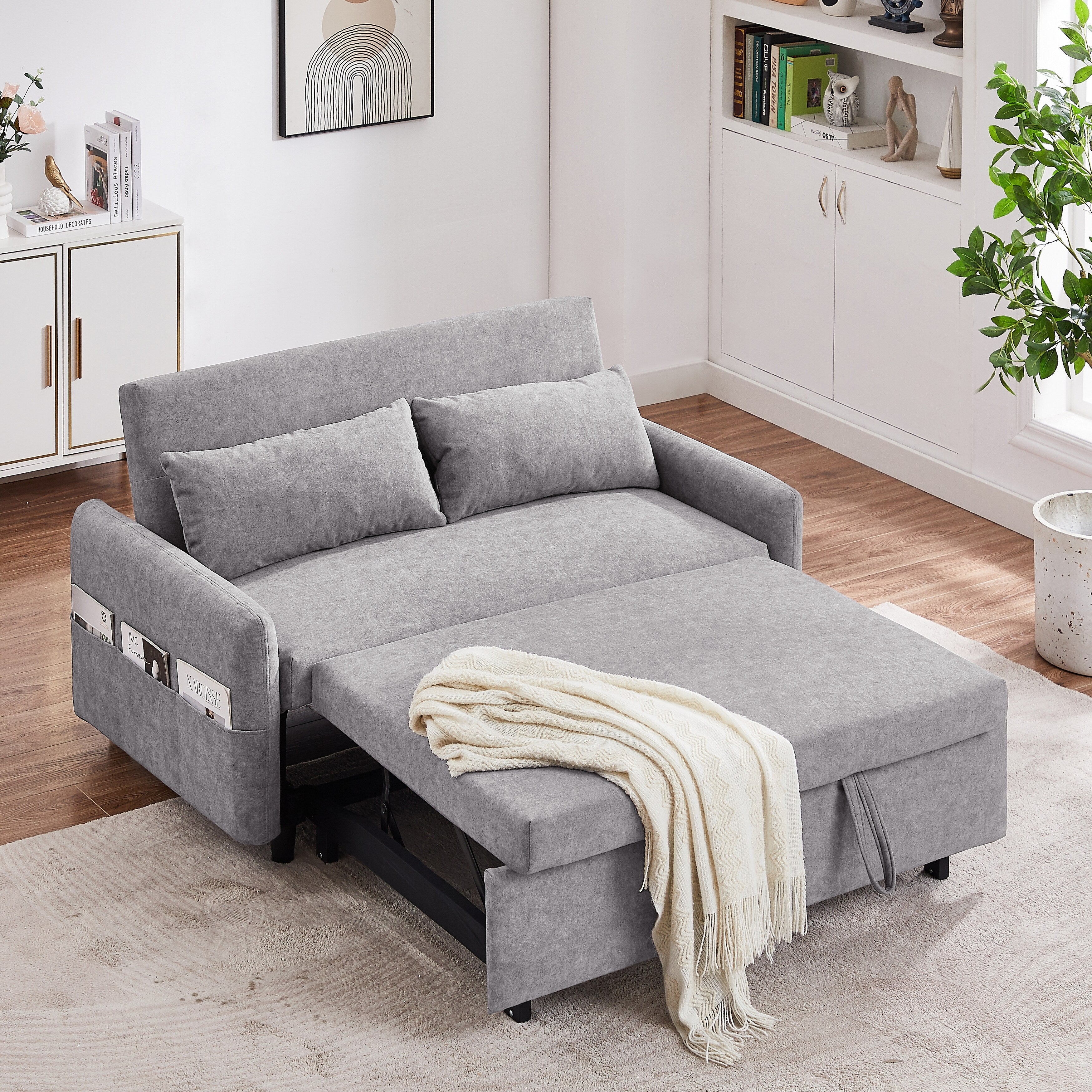 Canapé-lit 2 places moderne en microfibre avec dossier réglable, poches de rangement, 2 oreillers moelleux et ports USB.
