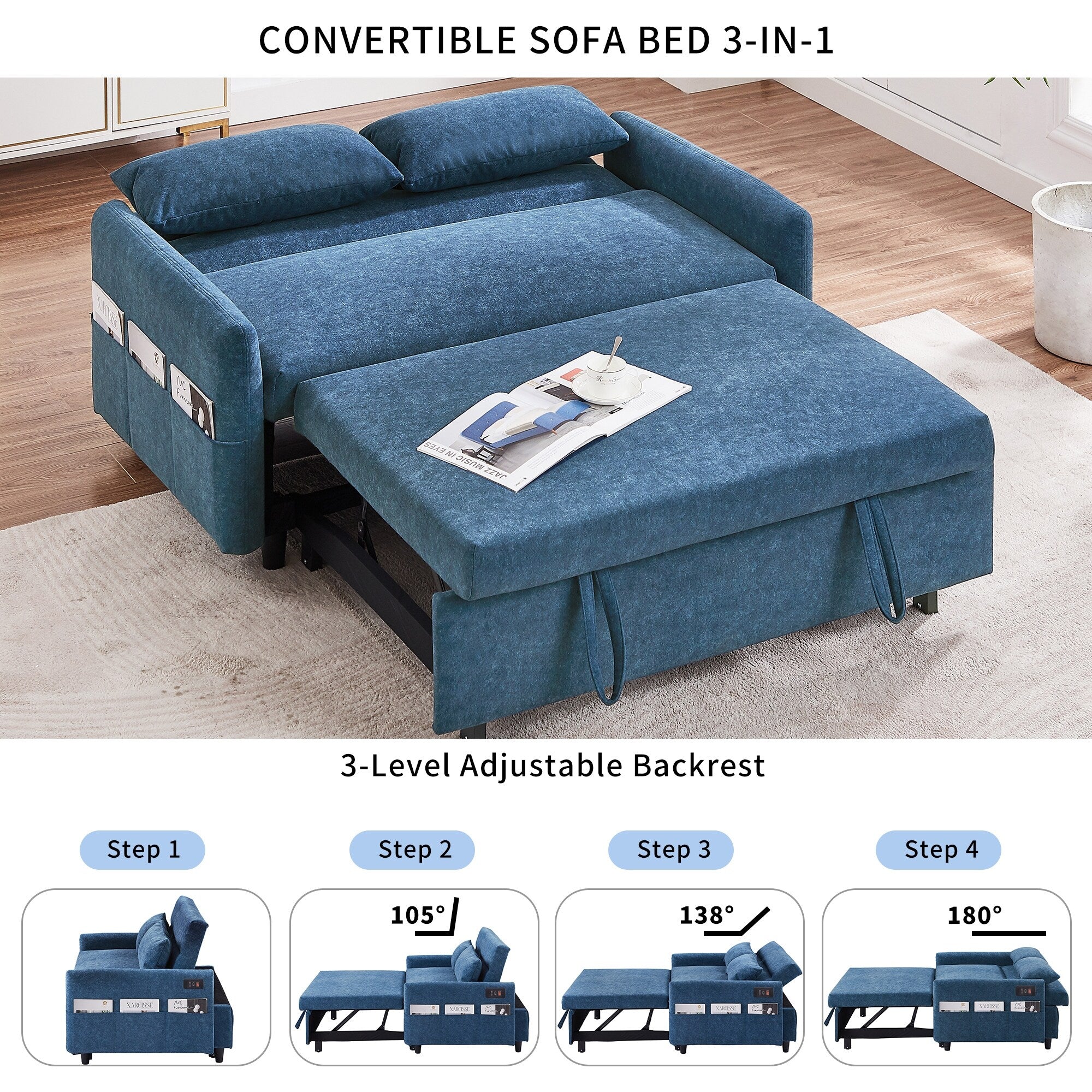 Canapé-lit 2 places moderne en microfibre avec dossier réglable, poches de rangement, 2 oreillers moelleux et ports USB.