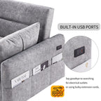 Canapé-lit 2 places moderne en microfibre avec dossier réglable, poches de rangement, 2 oreillers moelleux et ports USB.