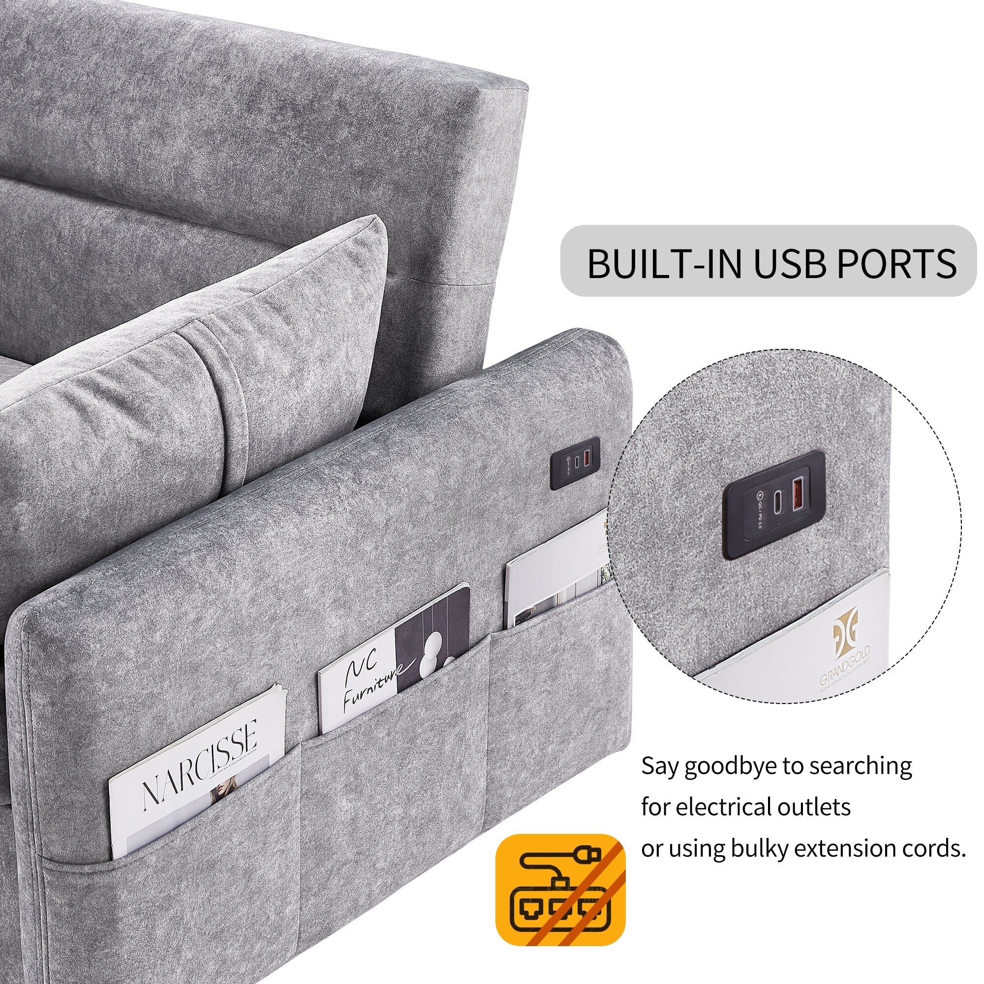 Canapé-lit 2 places moderne en microfibre avec dossier réglable, poches de rangement, 2 oreillers moelleux et ports USB.