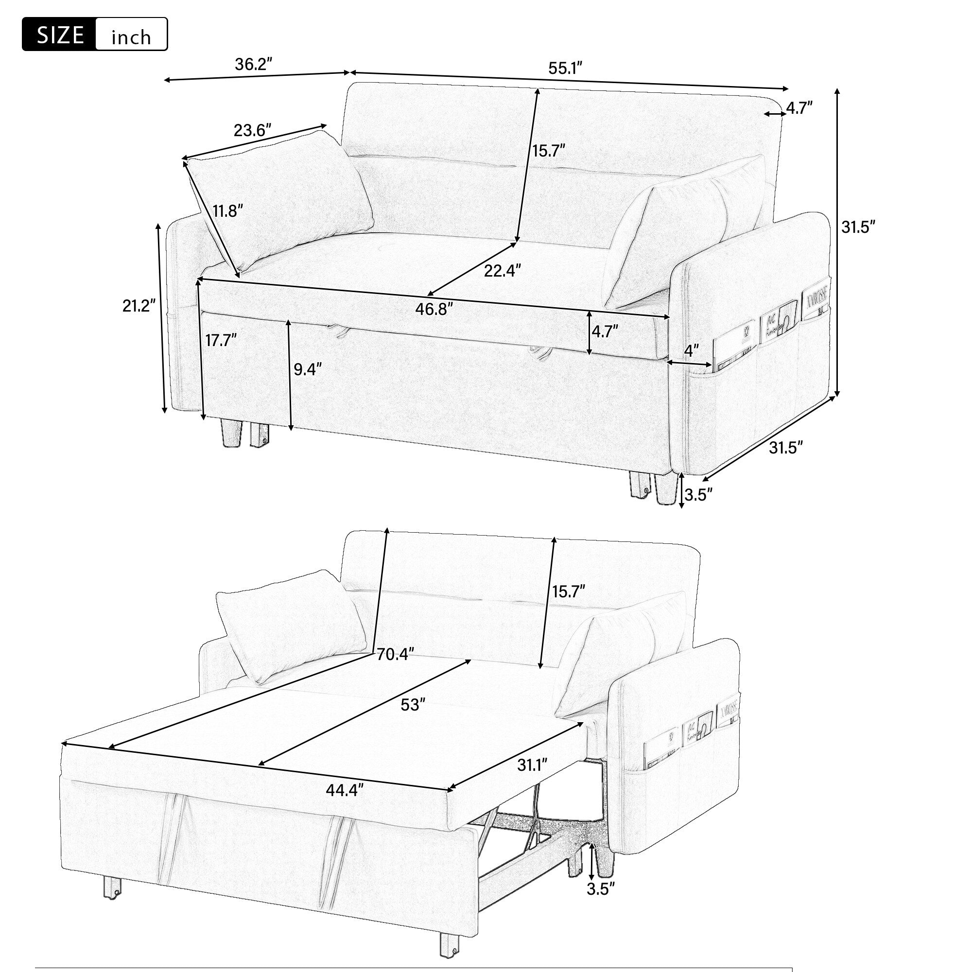 Canapé-lit 2 places moderne en microfibre avec dossier réglable, poches de rangement, 2 oreillers moelleux et ports USB.