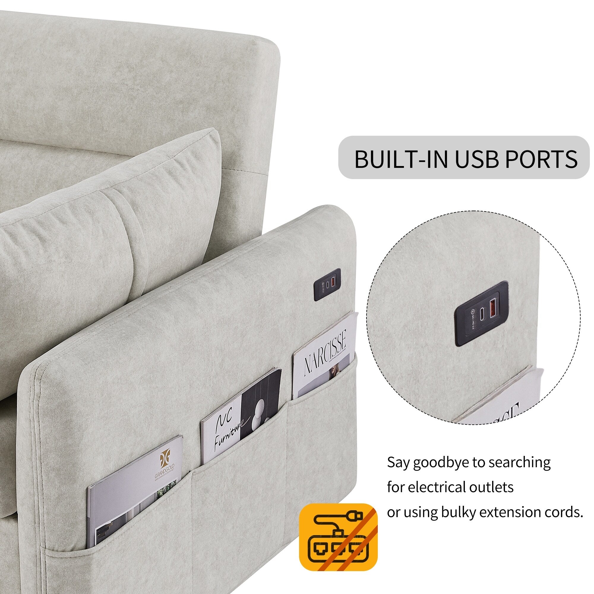 Canapé-lit 2 places moderne en microfibre avec dossier réglable, poches de rangement, 2 oreillers moelleux et ports USB.