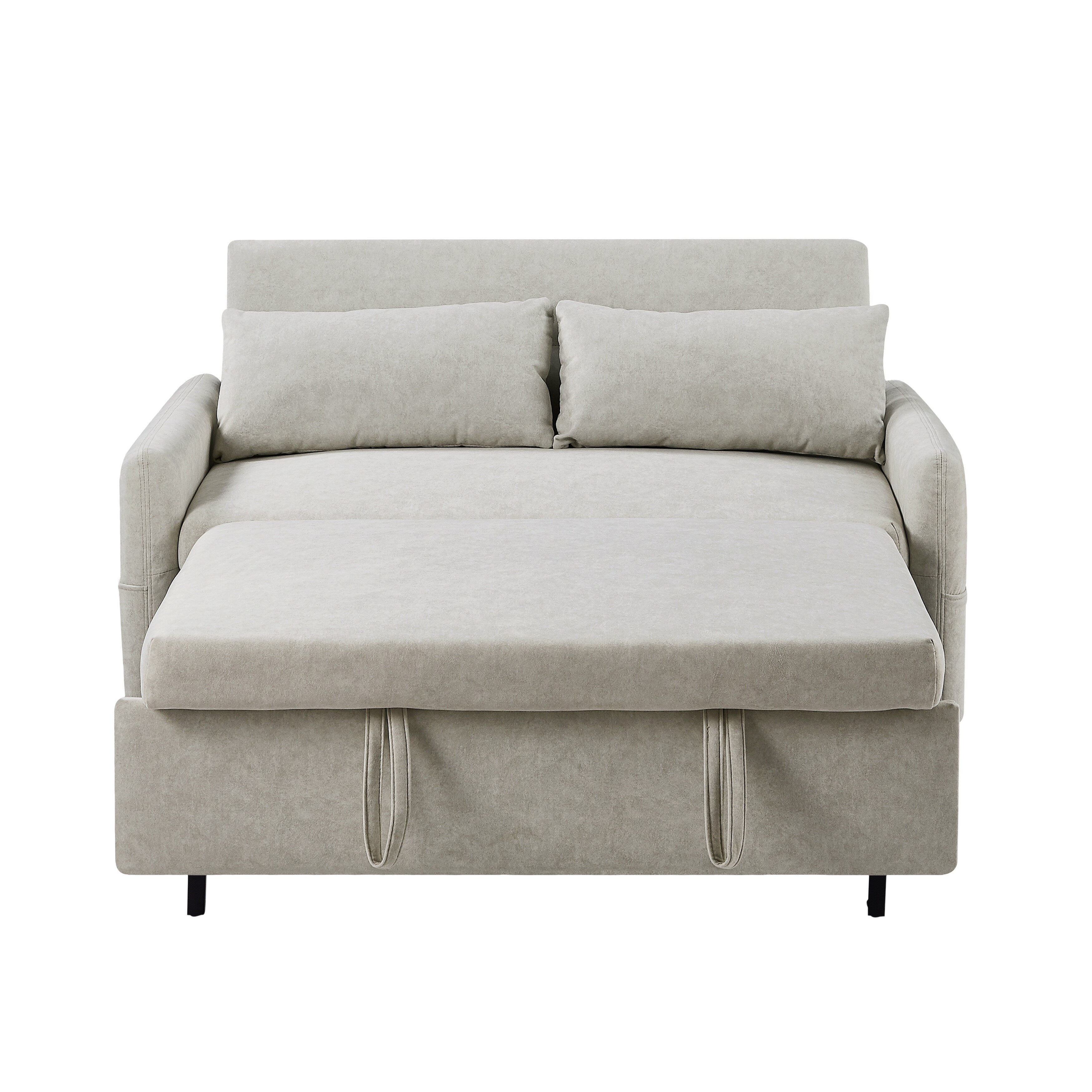 Canapé-lit 2 places moderne en microfibre avec dossier réglable, poches de rangement, 2 oreillers moelleux et ports USB.