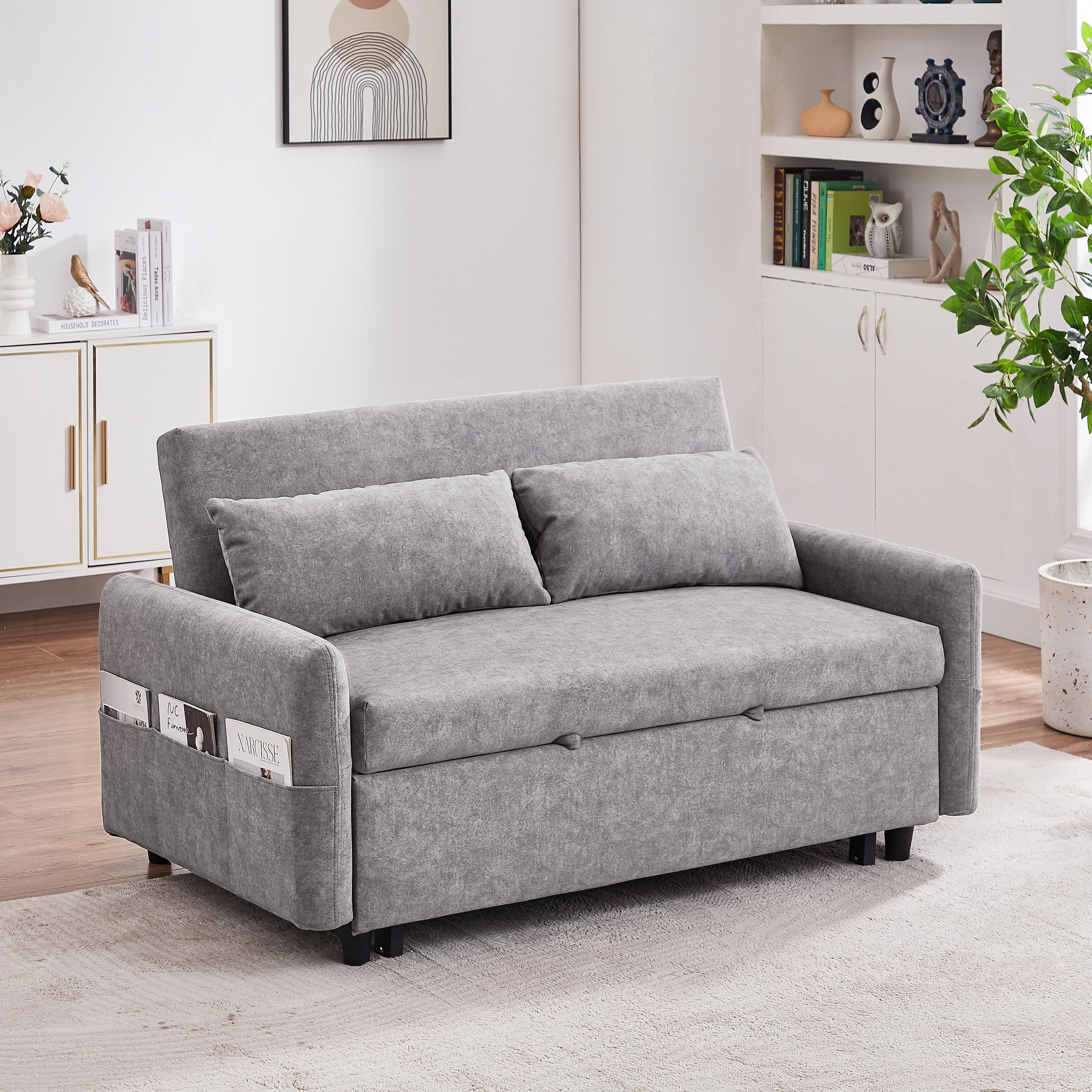 Canapé-lit 2 places moderne en microfibre avec dossier réglable, poches de rangement, 2 oreillers moelleux et ports USB.