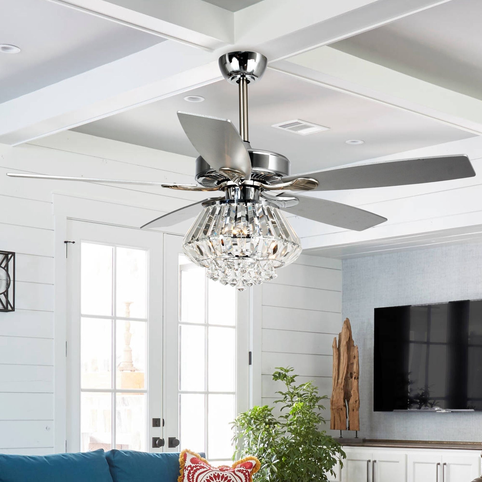 Ventilateur de plafond moderne en cristal chromé de 52 pouces avec télécommande