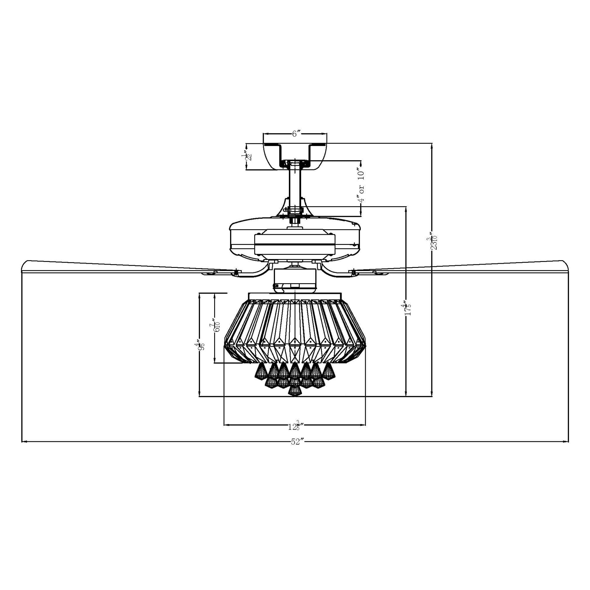 Ventilateur de plafond moderne en cristal chromé de 52 pouces avec télécommande