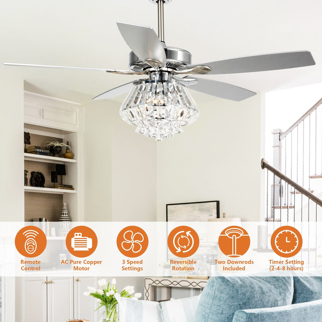 Ventilateur de plafond moderne en cristal chromé de 52 pouces avec télécommande