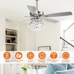 Ventilateur de plafond moderne en cristal chromé de 52 pouces avec télécommande