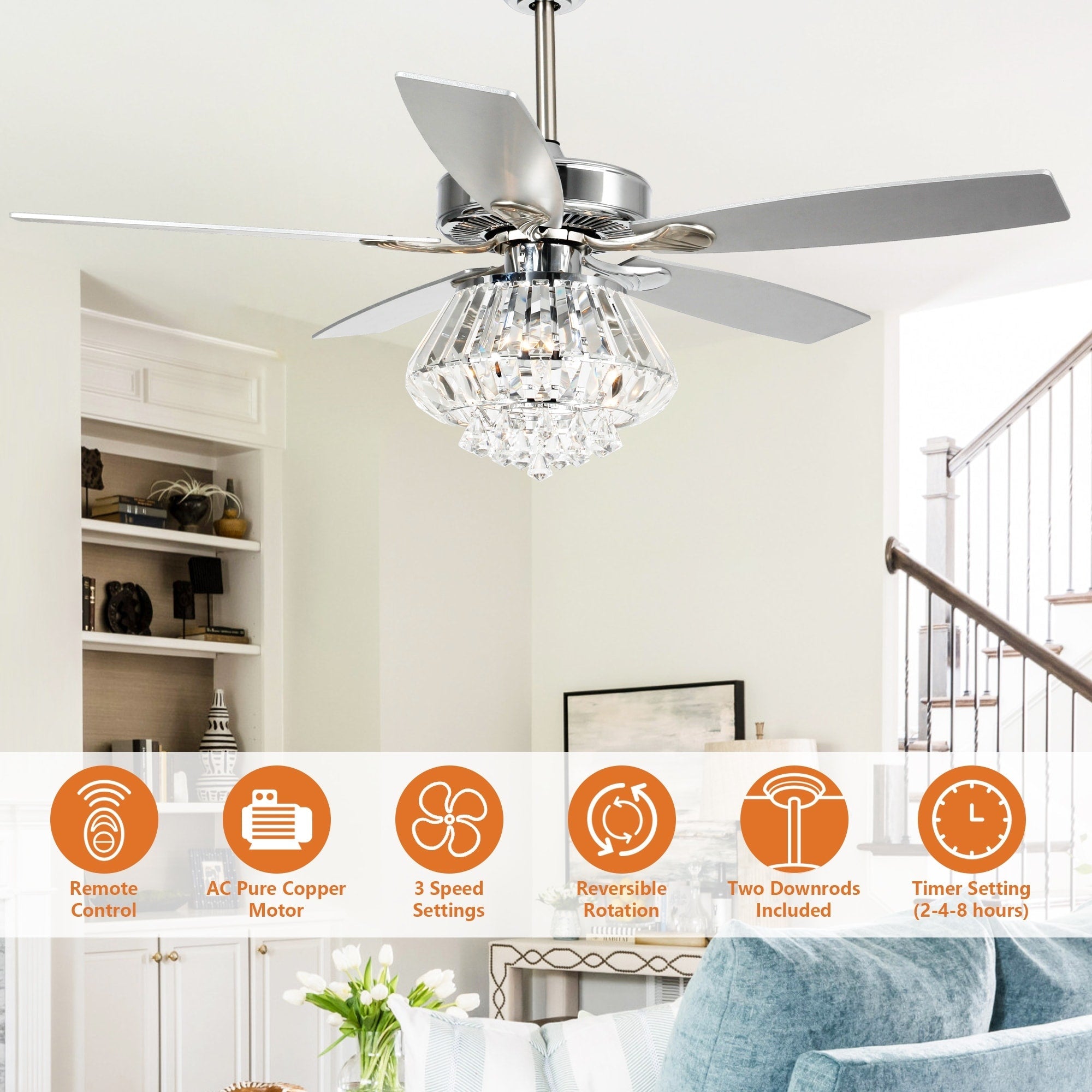 Ventilateur de plafond moderne en cristal chromé de 52 pouces avec télécommande