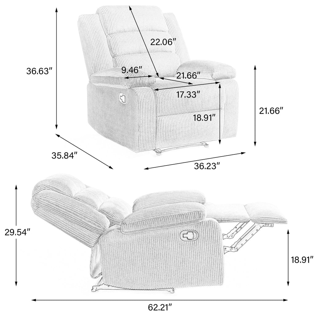 Fauteuil inclinable manuel moderne en velours côtelé, fauteuil inclinable réglable avec accoudoirs larges