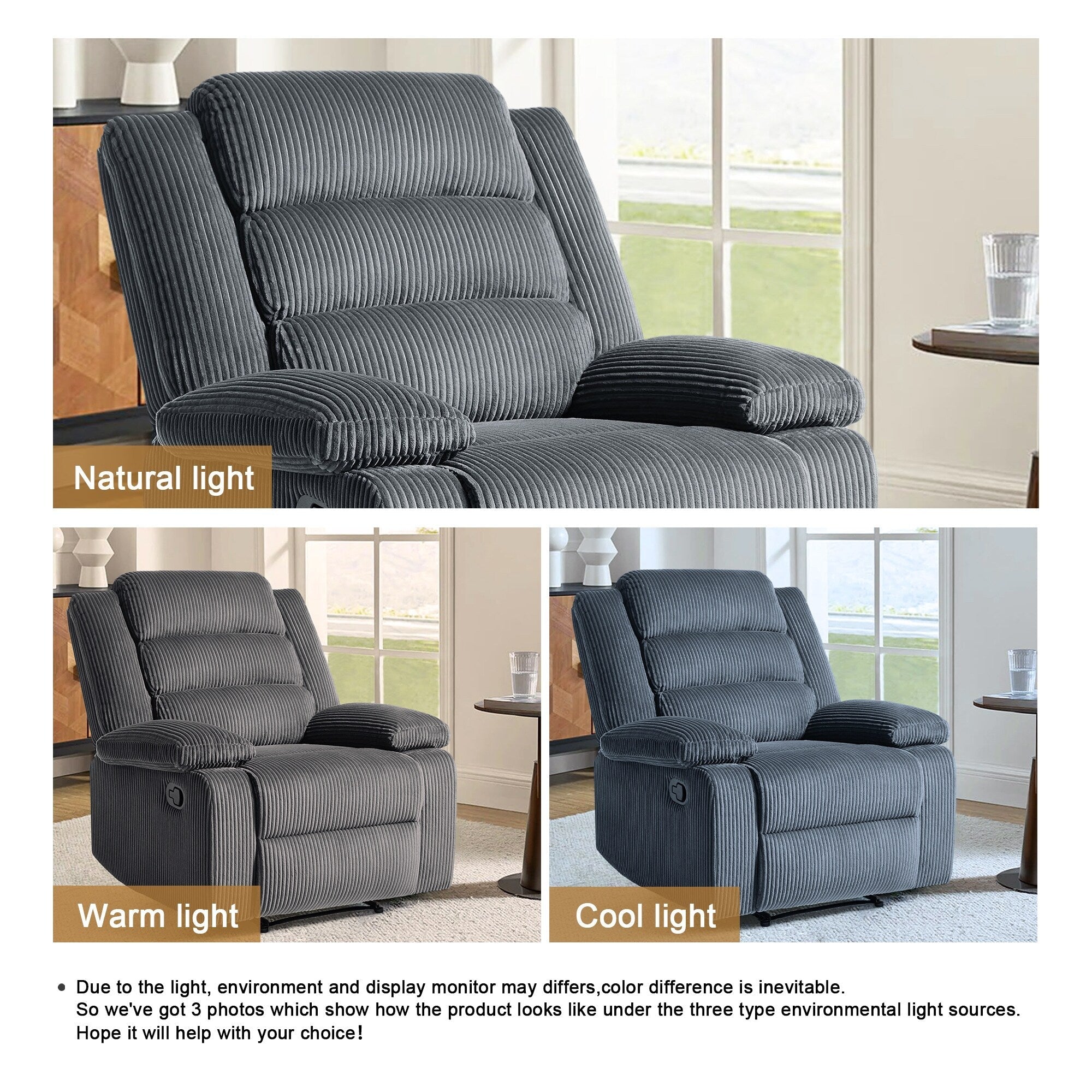 Fauteuil inclinable manuel moderne en velours côtelé, fauteuil inclinable réglable avec accoudoirs larges