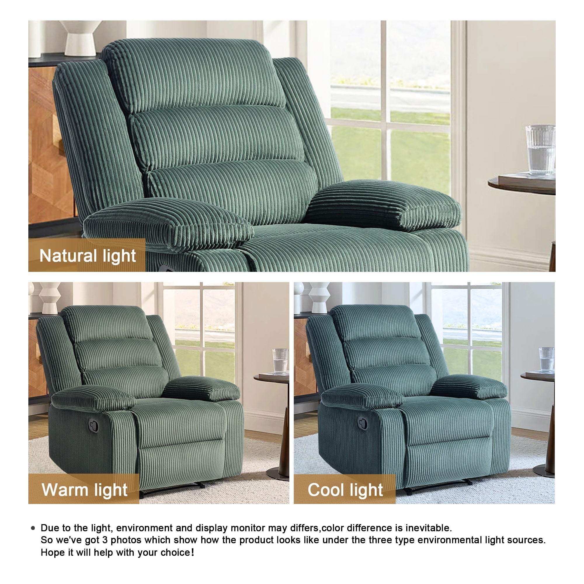 Fauteuil inclinable manuel moderne en velours côtelé, fauteuil inclinable réglable avec accoudoirs larges