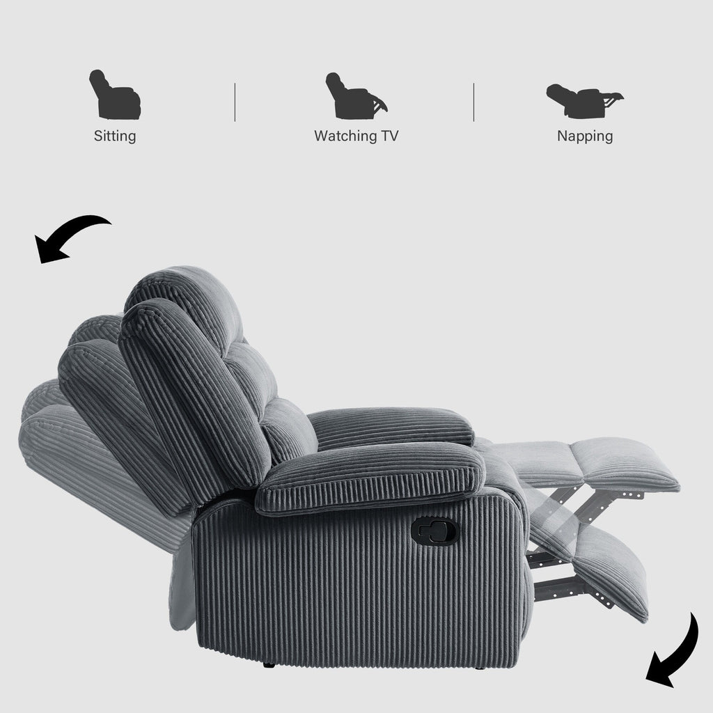 Fauteuil inclinable manuel moderne en velours côtelé, fauteuil inclinable réglable avec accoudoirs larges
