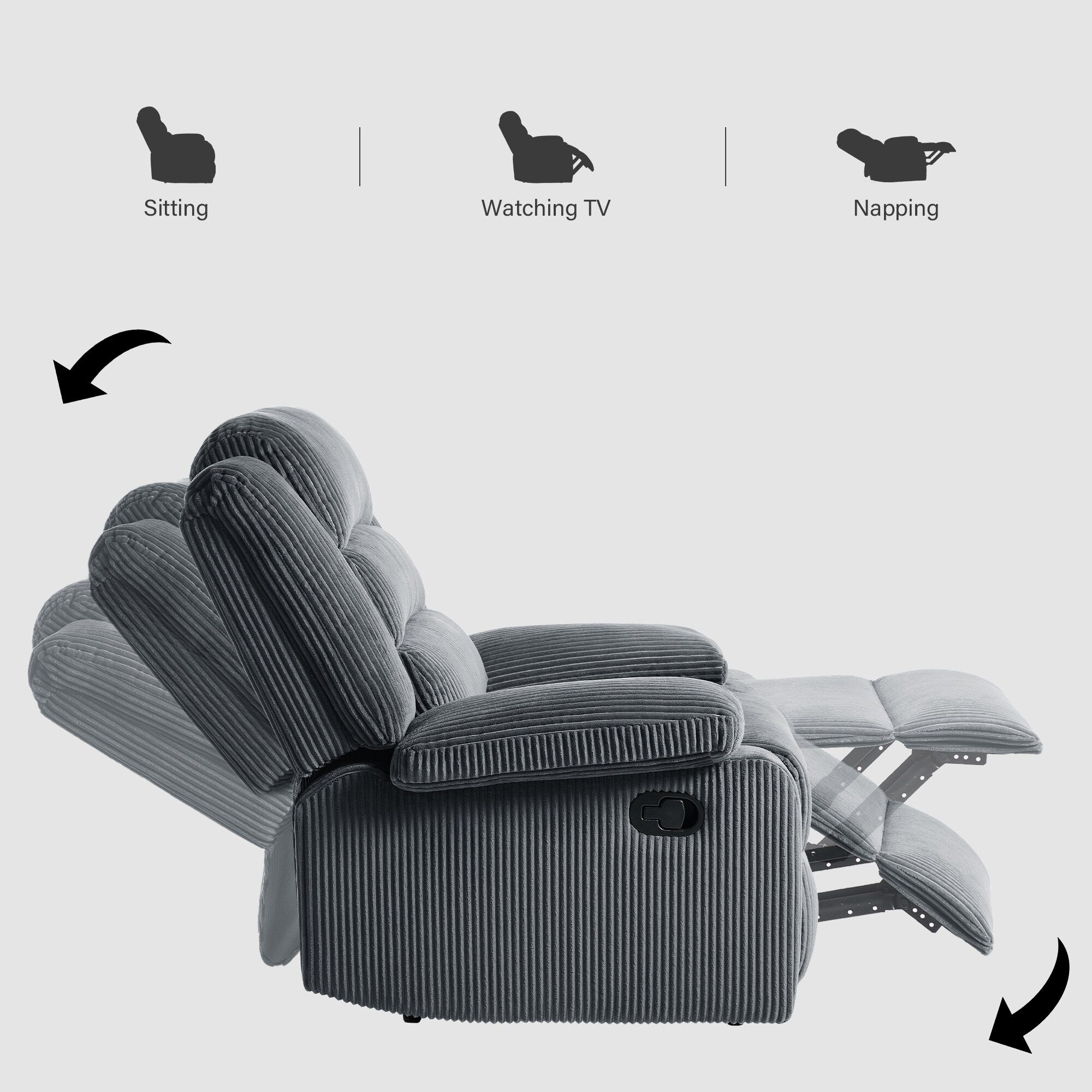 Fauteuil inclinable manuel moderne en velours côtelé, fauteuil inclinable réglable avec accoudoirs larges