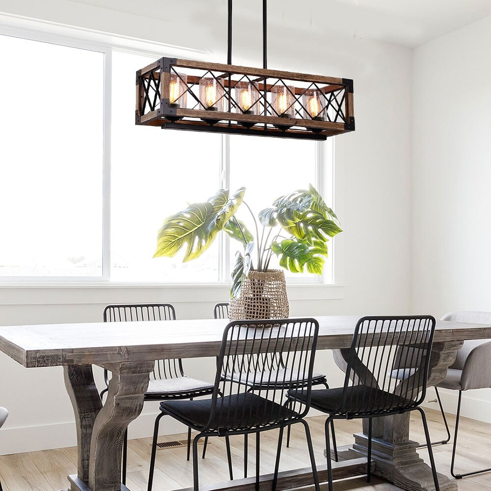 Lustre rectangulaire en bois à 5 lumières de style ferme moderne, avec verre grainé et îlot de cuisine pour salle à manger – 31,5 L x 8,75 l x 8 H