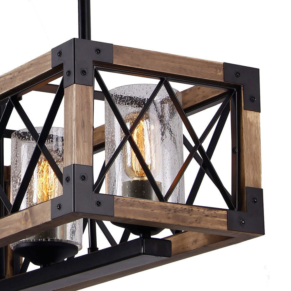 Lustre rectangulaire en bois à 5 lumières de style ferme moderne, avec verre grainé et îlot de cuisine pour salle à manger – 31,5 L x 8,75 l x 8 H
