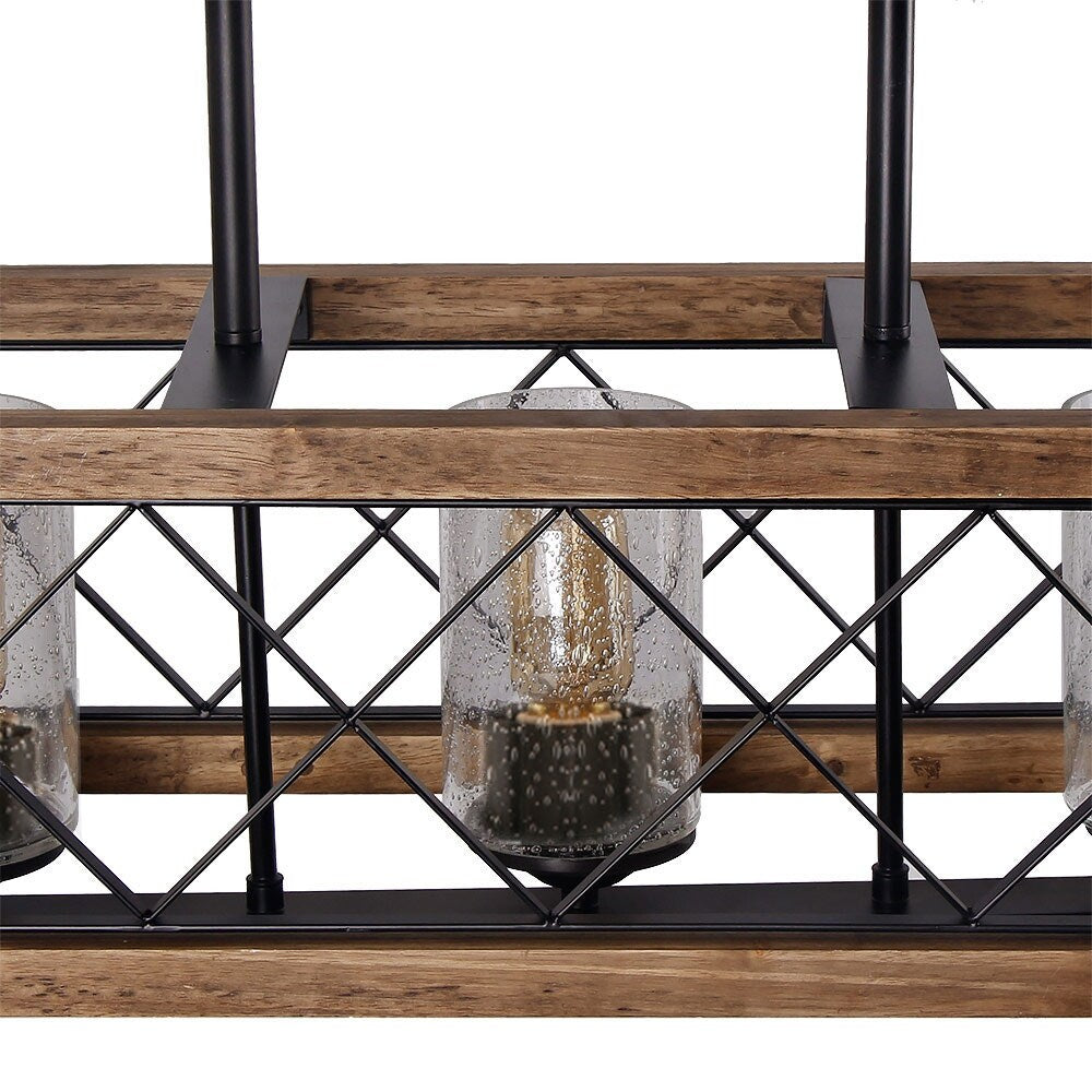 Lustre rectangulaire en bois à 5 lumières de style ferme moderne, avec verre grainé et îlot de cuisine pour salle à manger – 31,5 L x 8,75 l x 8 H