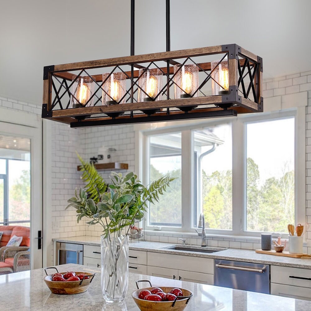 Lustre rectangulaire en bois à 5 lumières de style ferme moderne, avec verre grainé et îlot de cuisine pour salle à manger – 31,5 L x 8,75 l x 8 H