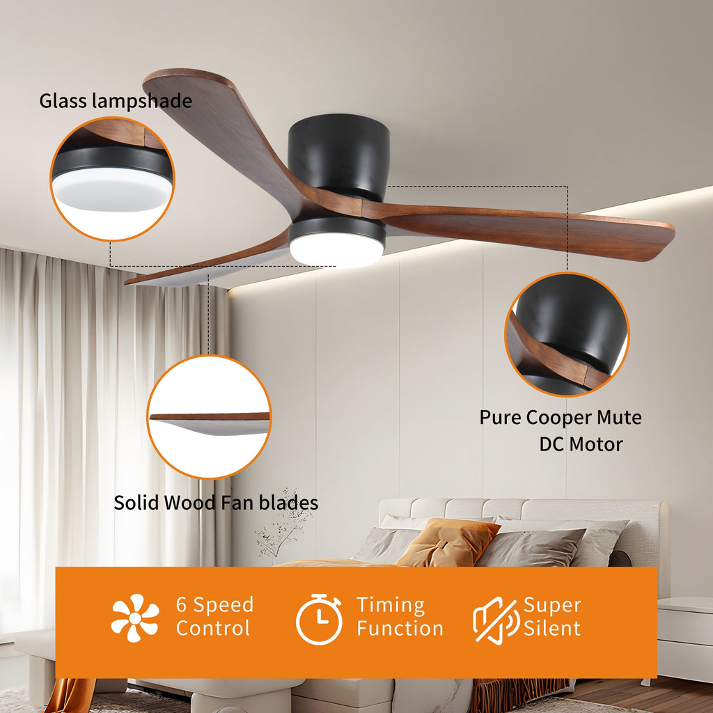Ventilateurs de plafond modernes encastrés avec éclairage LED à intensité variable et télécommande, ventilateurs de plafond à moteur réversible pour salon, 42 pouces, noir