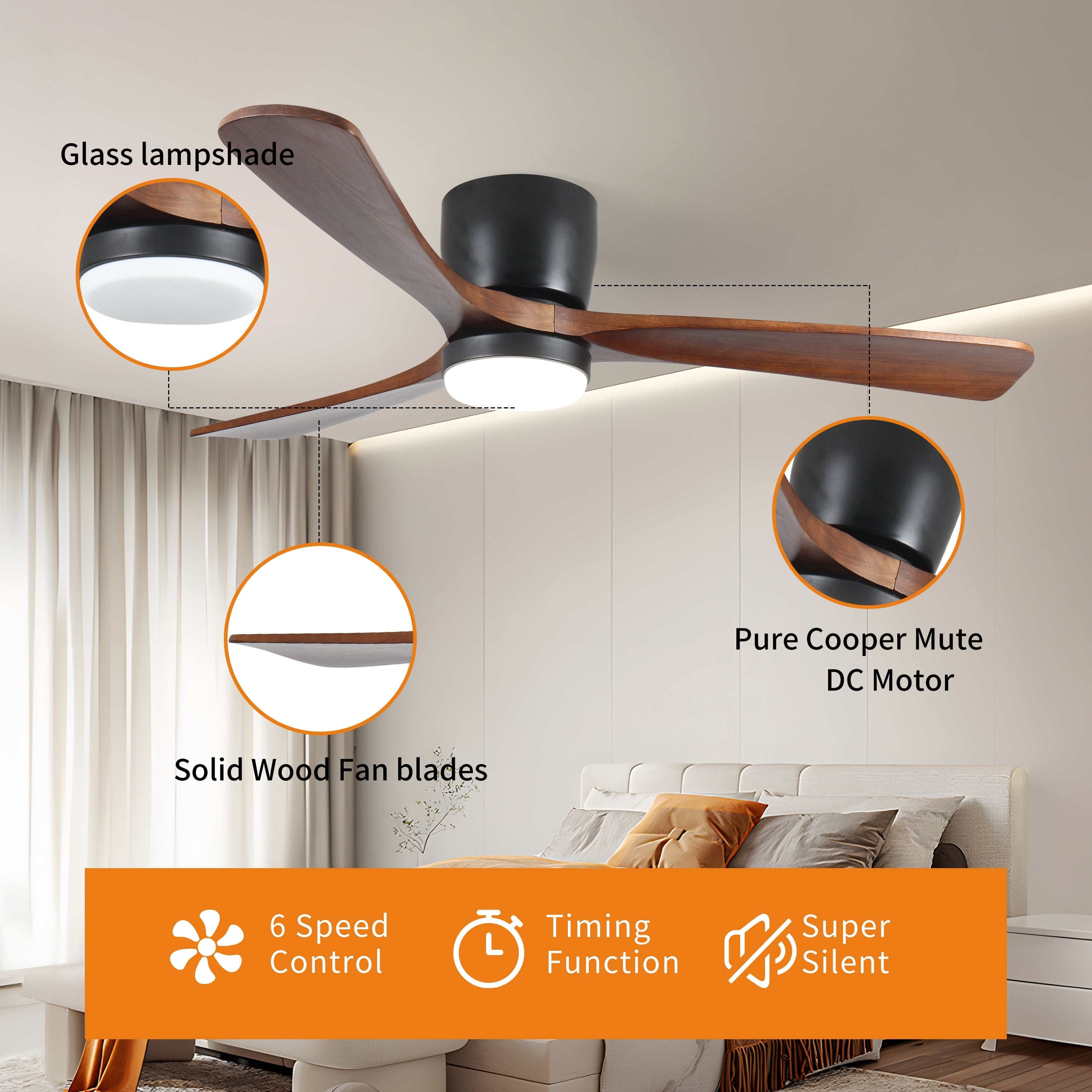 Ventilateurs de plafond modernes encastrés avec éclairage LED à intensité variable et télécommande, ventilateurs de plafond à moteur réversible pour salon, 42 pouces, noir