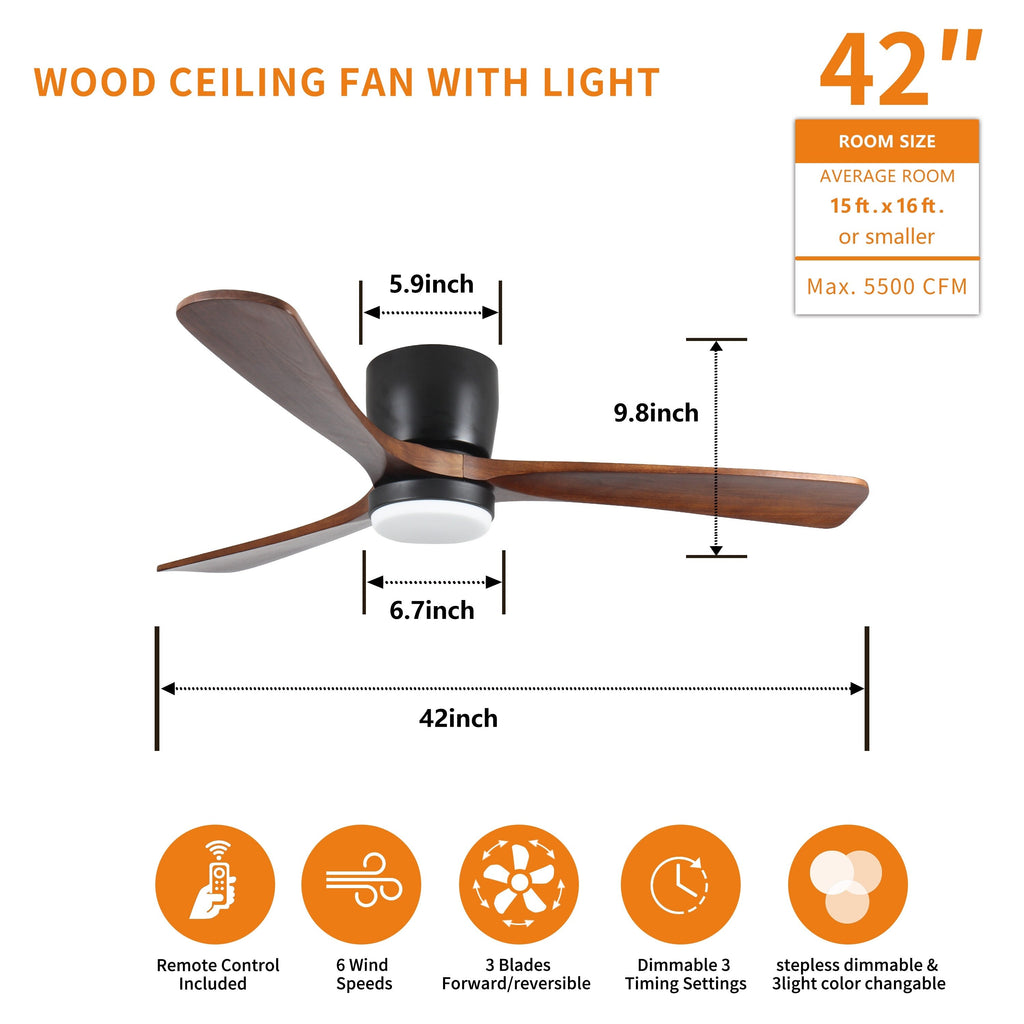 Ventilateurs de plafond modernes encastrés avec éclairage LED à intensité variable et télécommande, ventilateurs de plafond à moteur réversible pour salon, 42 pouces, noir