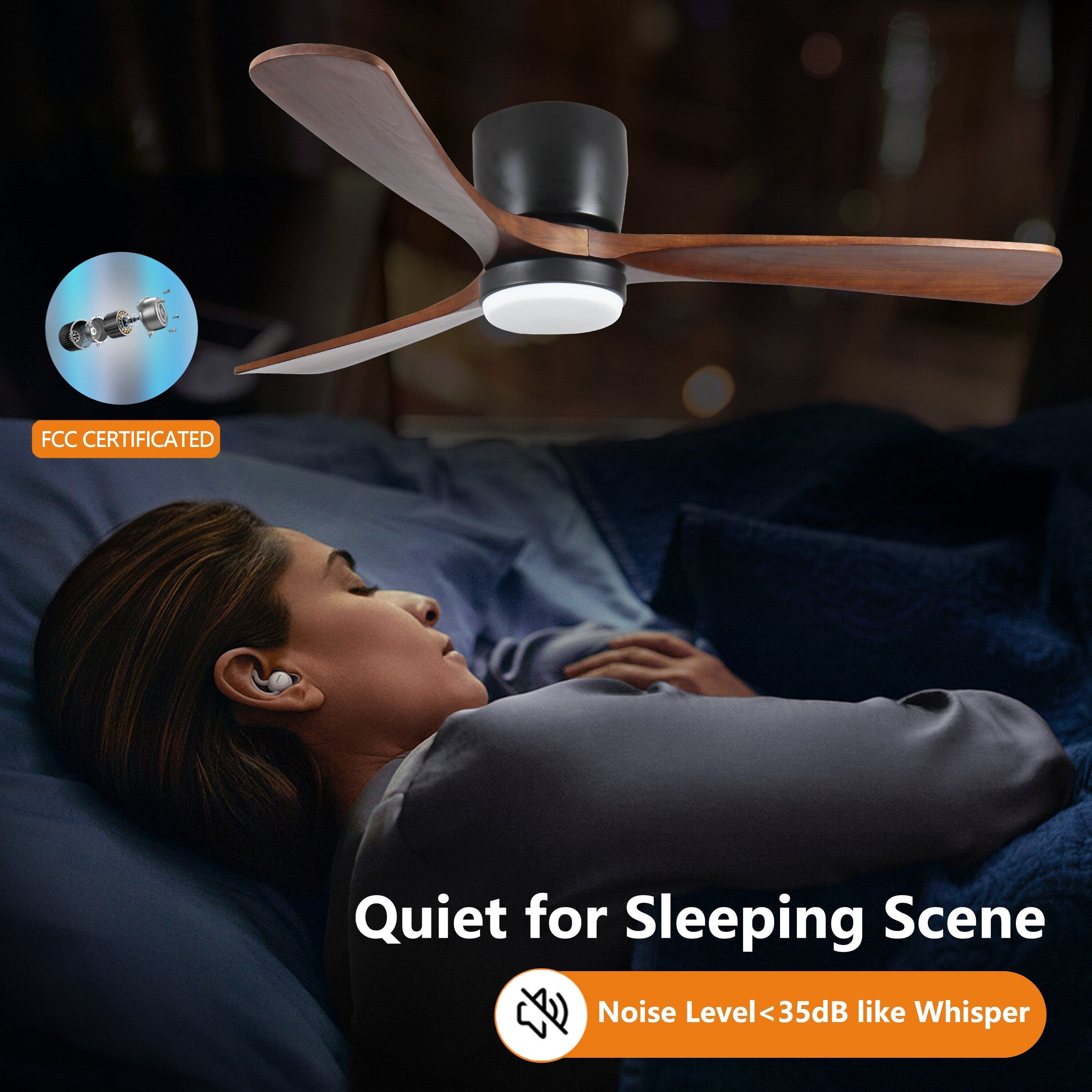 Ventilateurs de plafond modernes encastrés avec éclairage LED à intensité variable et télécommande, ventilateurs de plafond à moteur réversible pour salon, 42 pouces, noir