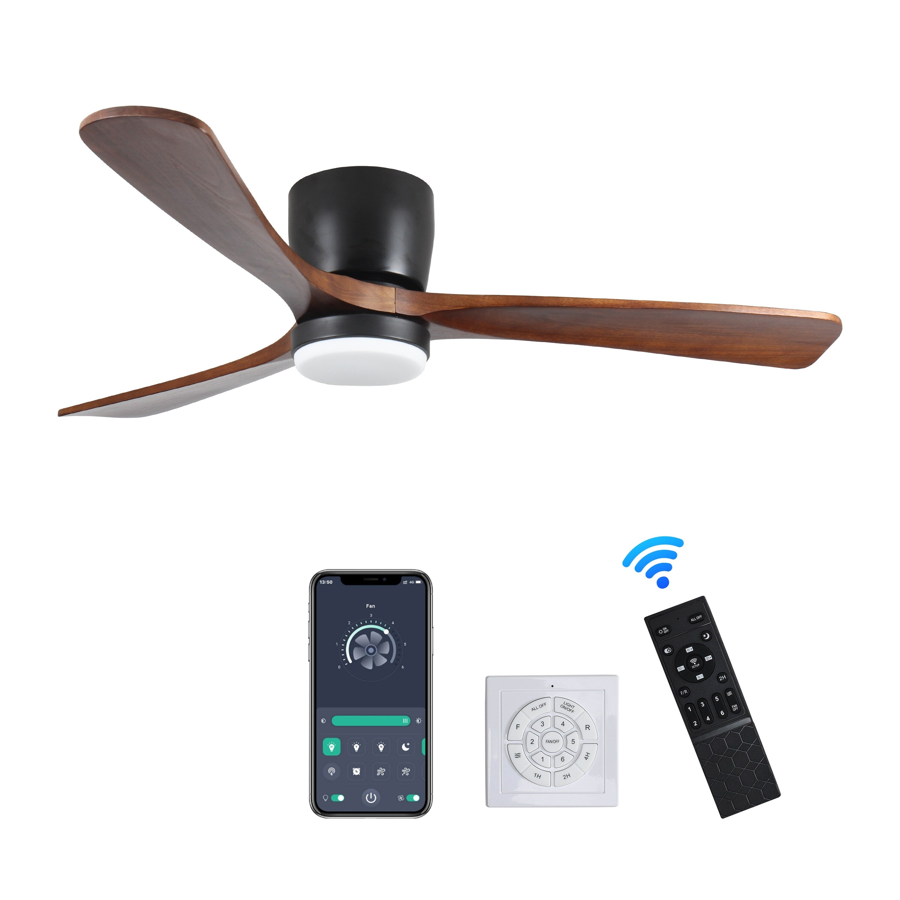 Ventilateurs de plafond modernes encastrés avec éclairage LED à intensité variable et télécommande, ventilateurs de plafond à moteur réversible pour salon, 42 pouces, noir