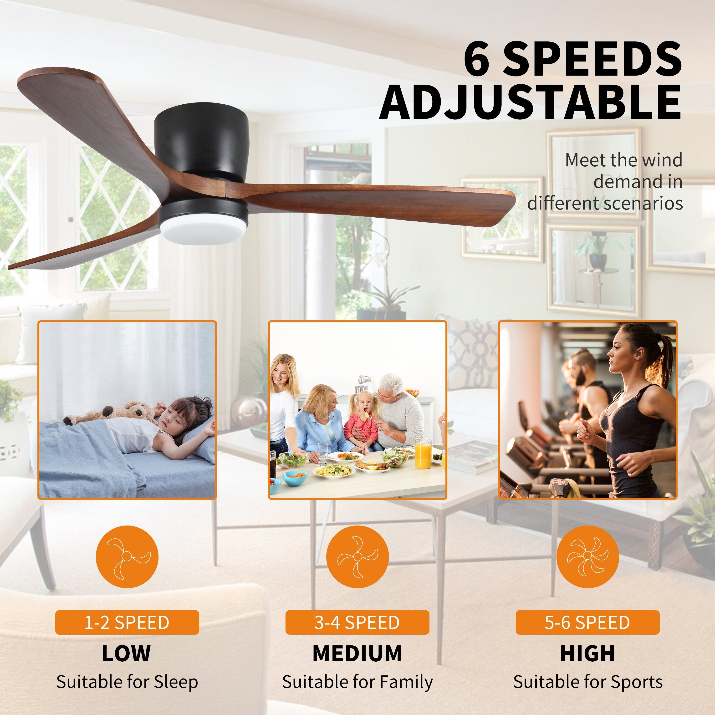 Ventilateurs de plafond modernes encastrés avec éclairage LED à intensité variable et télécommande, ventilateurs de plafond à moteur réversible pour salon, 42 pouces, noir