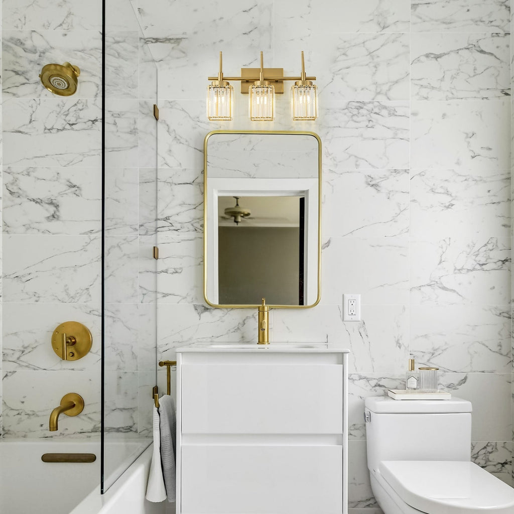 Applique murale moderne dorée à intensité variable, style cylindre glamour pour salle de bain, en cristal, pour meuble-lavabo