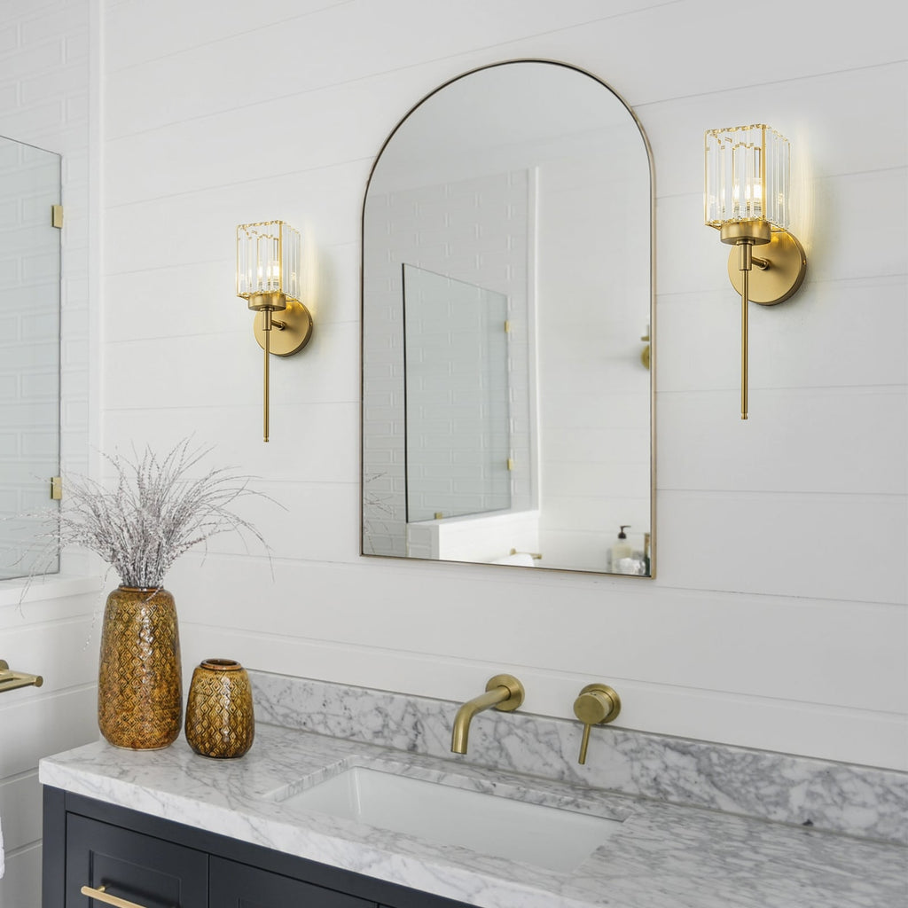 Applique murale moderne dorée à intensité variable, style cylindre glamour pour salle de bain, en cristal, pour meuble-lavabo