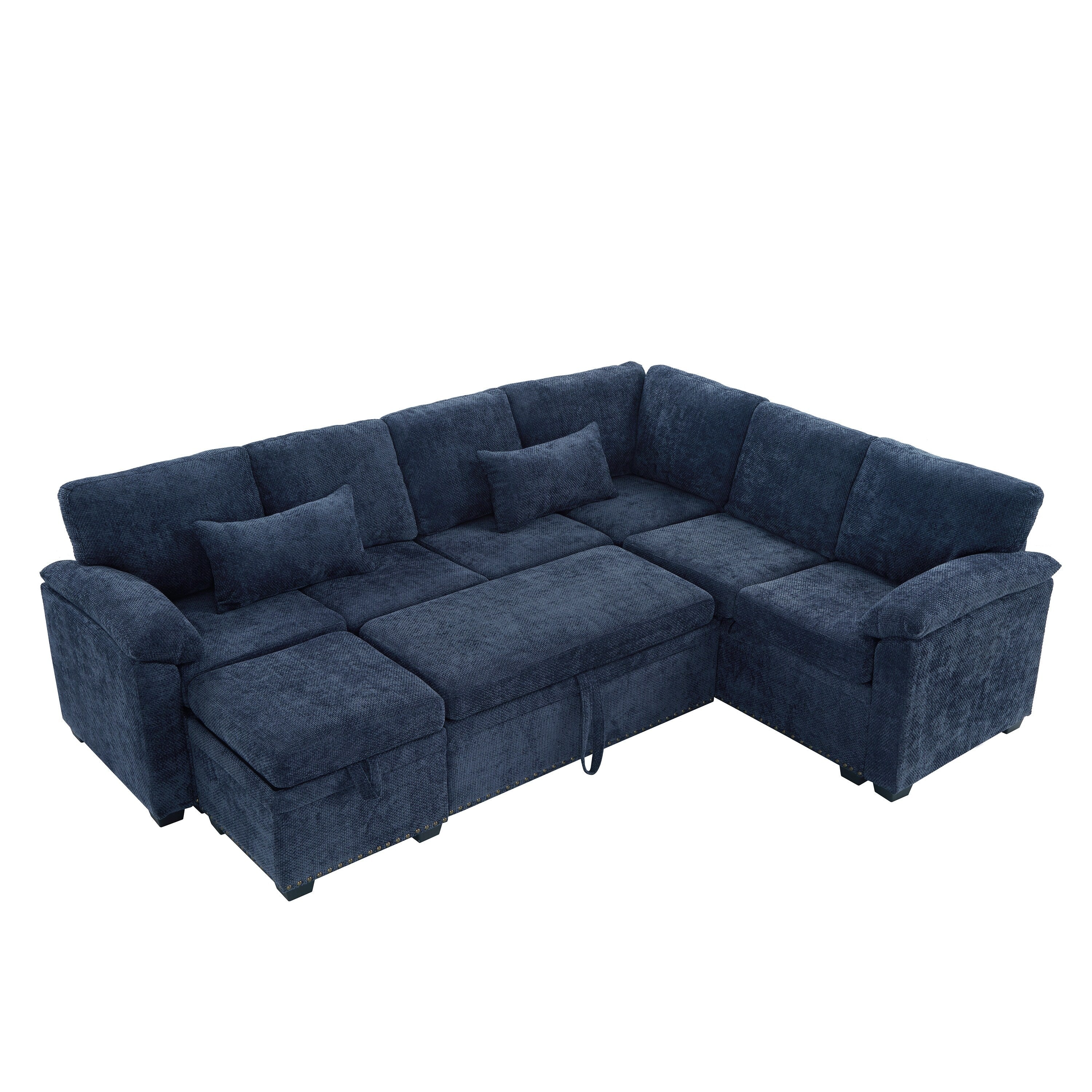 Canapé sectionnel moderne en chenille en forme de L avec canapé-lit gigogne, sièges de rangement, pouf et 2 oreillers pour le salon