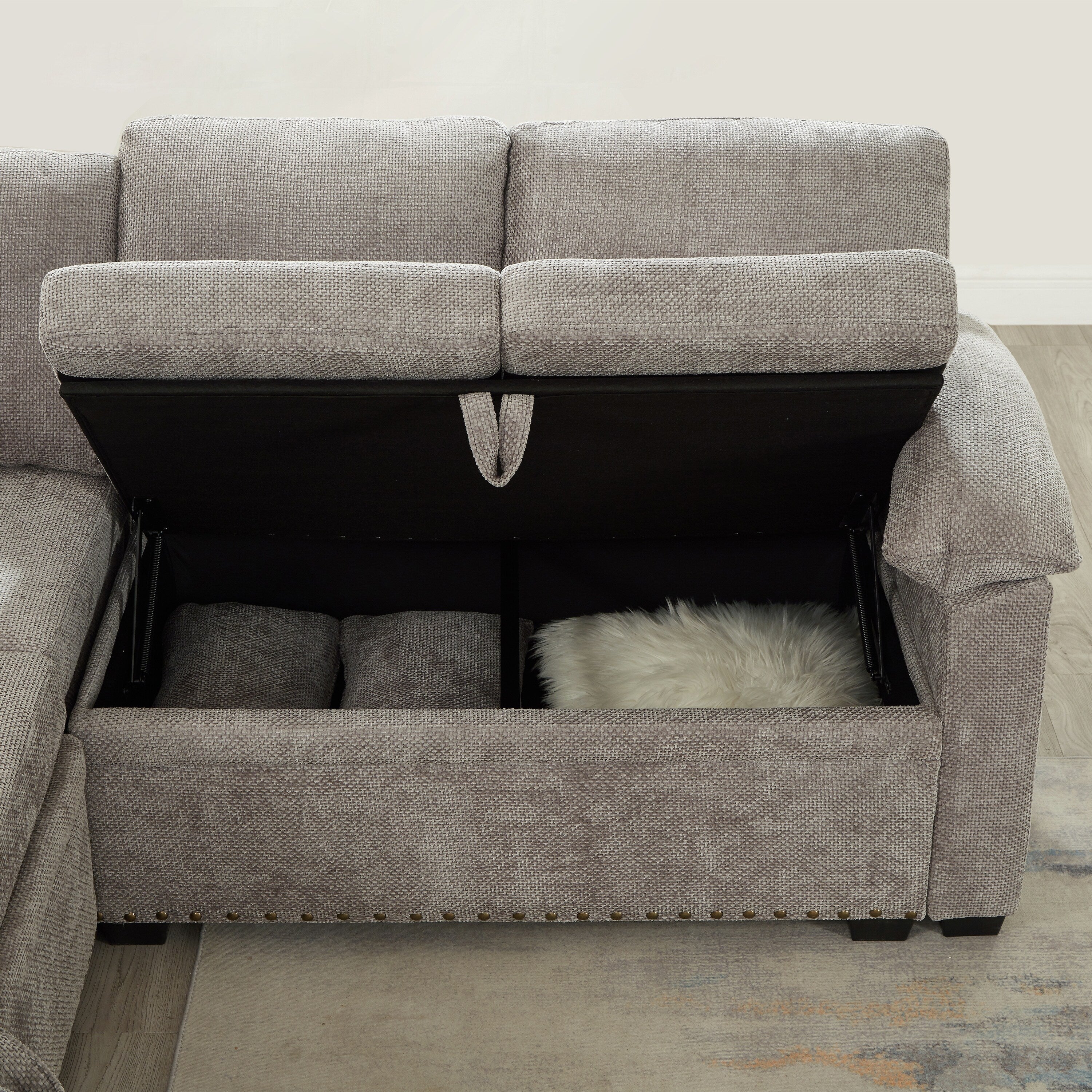 Canapé sectionnel moderne en chenille en forme de L avec canapé-lit gigogne, sièges de rangement, pouf et 2 oreillers pour le salon