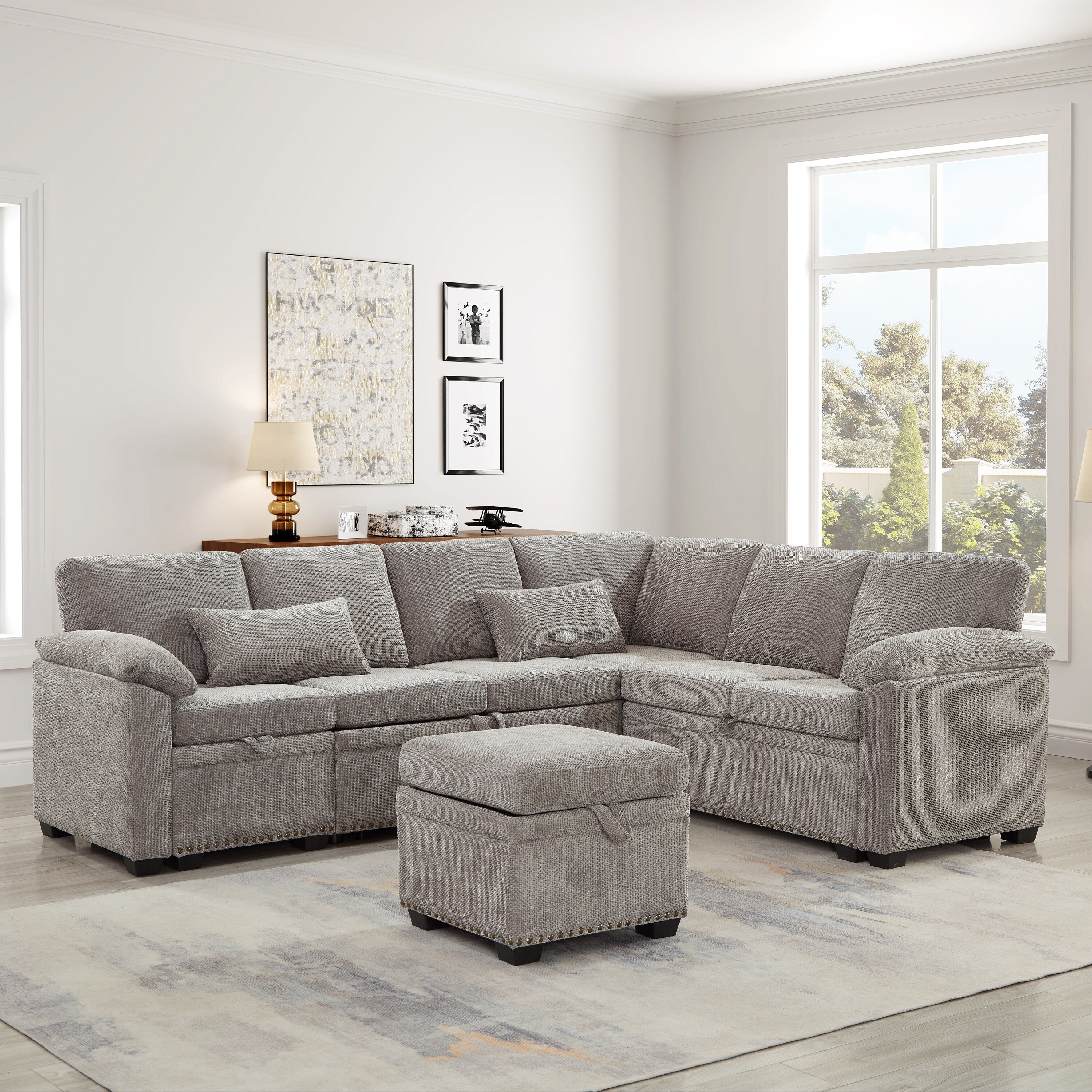 Canapé sectionnel moderne en chenille en forme de L avec canapé-lit gigogne, sièges de rangement, pouf et 2 oreillers pour le salon