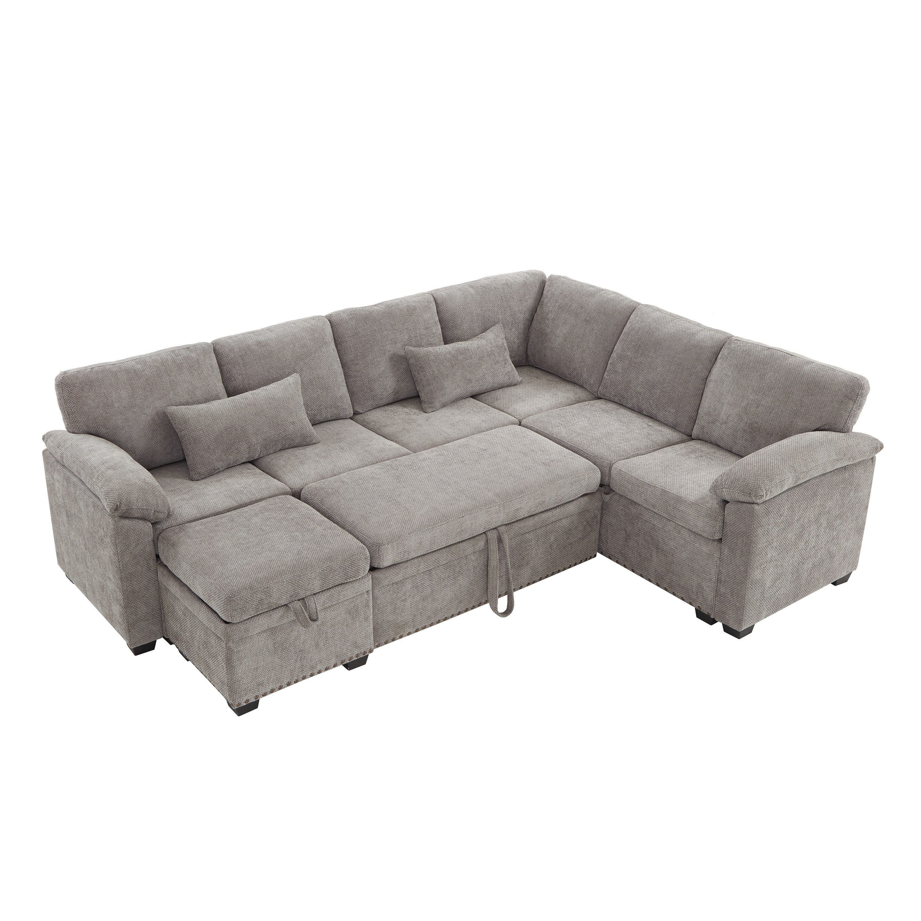 Canapé sectionnel moderne en chenille en forme de L avec canapé-lit gigogne, sièges de rangement, pouf et 2 oreillers pour le salon