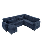 Canapé sectionnel moderne en chenille en forme de L avec canapé-lit gigogne, sièges de rangement, pouf et 2 oreillers pour le salon
