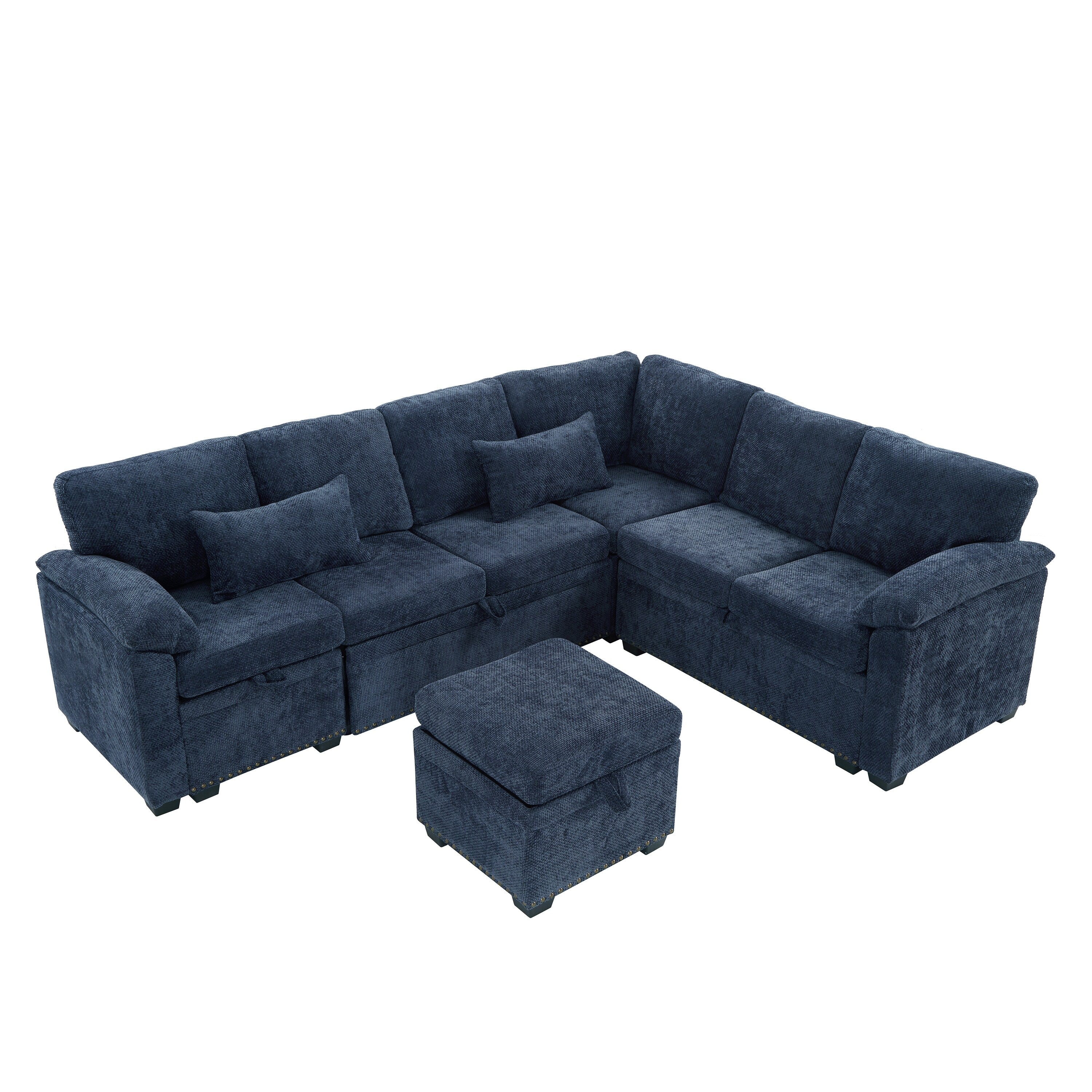 Canapé sectionnel moderne en chenille en forme de L avec canapé-lit gigogne, sièges de rangement, pouf et 2 oreillers pour le salon
